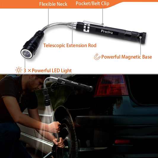 Preciva 5-piece magnetic telescopic retrieval tool set with 15 pound and 1 pound retrieval rods, round and square 360-degree rotating adjustable inspection mirror, and telescoping rod.