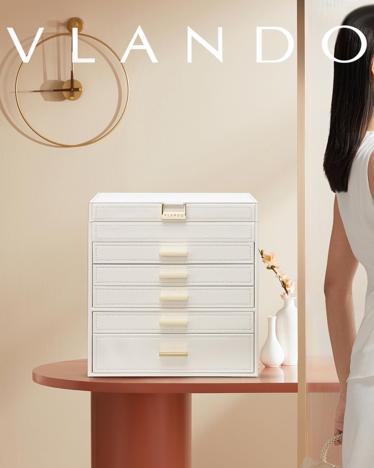 Vlando Modern Jewelry Box Large, Jewelry Storage with 6 Levels, Jewelry Box for Women, for Earrings, Rings Jewelry Storage, with Drawers, Mirror, Watch Pillow, Gift for Women