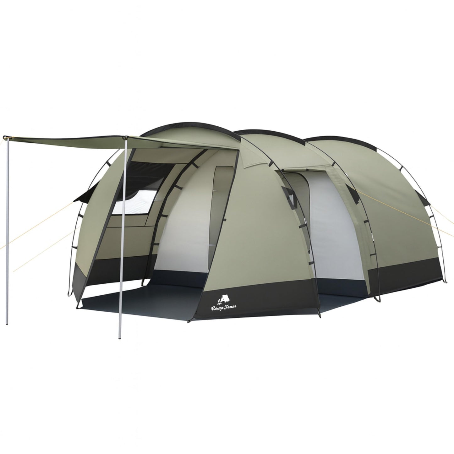 CampFeuer Tent Super+ for 4 persons | Olive green/Black | XXL tunnel tent with 2 entrances and awning, 3000 mm water column | Tent with vestibule and groundsheet, group tent, camping tent family tent