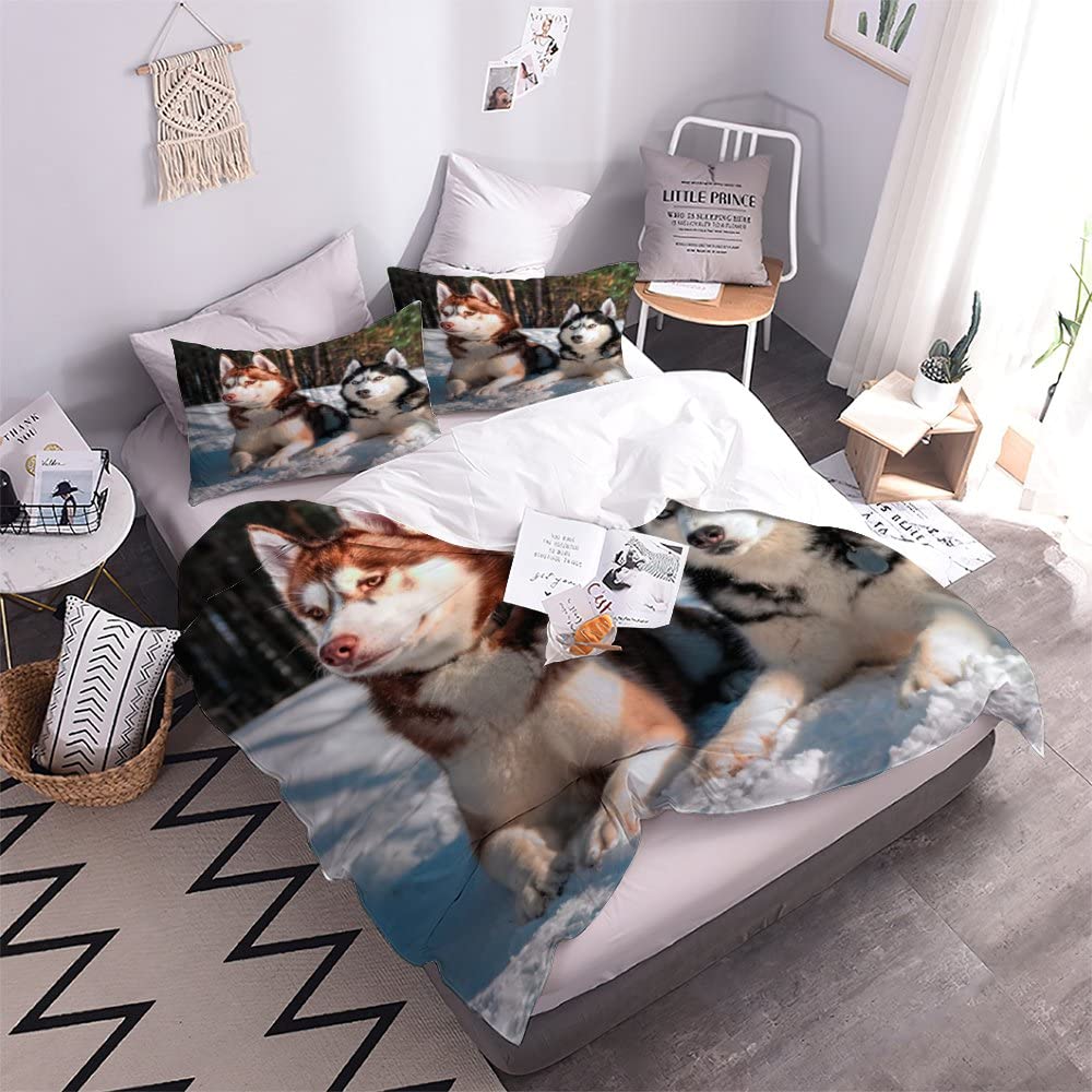 Bedding 135×200 3D Digital Print 2-piece Husky Dog Bedding Sets Children Microfiber with Zipper Animal Pattern Soft Boys Girls Bedding Duvet Cover with Pillowcase 80x80 cm