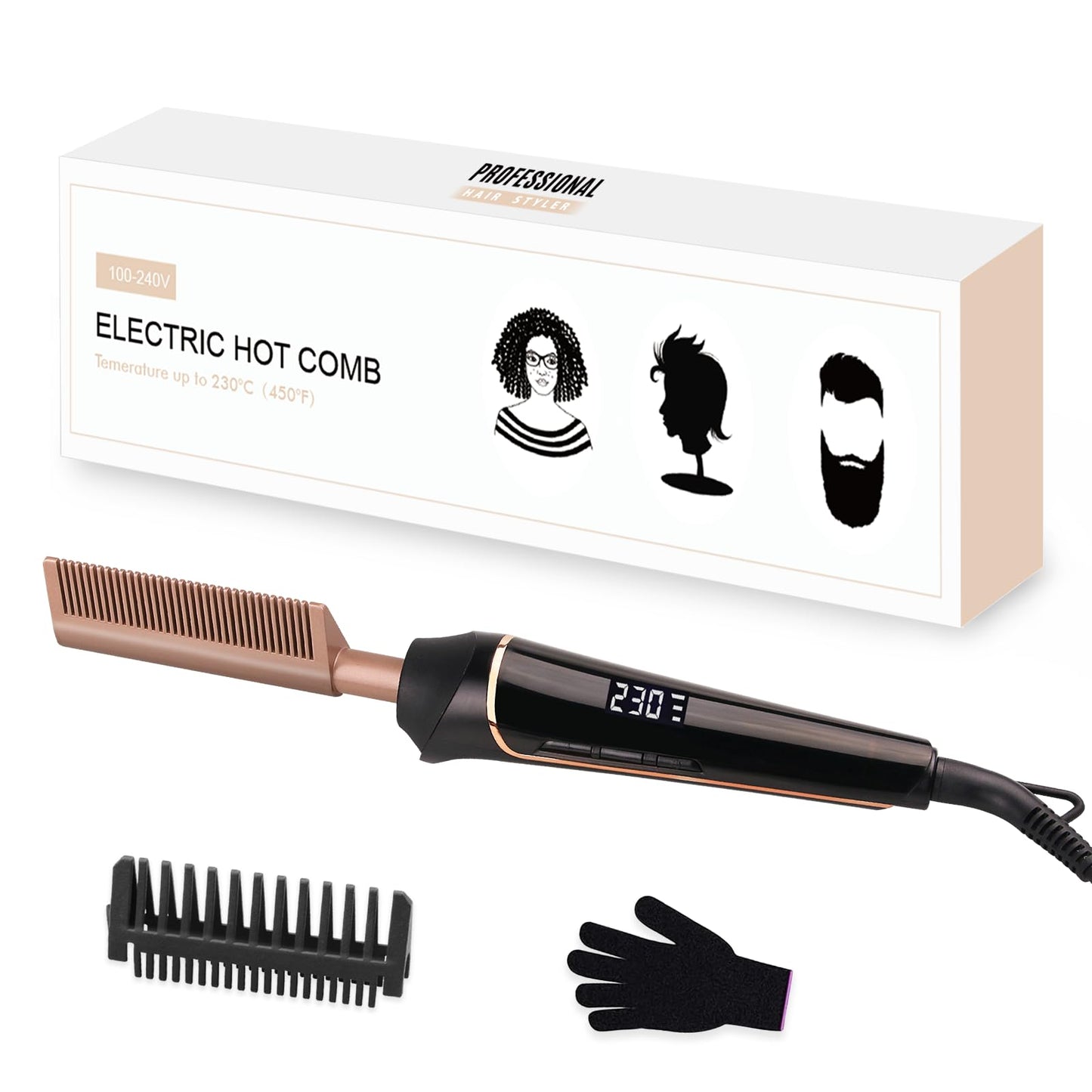 80°C-230°C Hot Comb for Afro hair/Lace wigs/Beard, janelove Ceramic Straightening Comb with HD LCD Display, Quick Heating Hair Straightener Brush/Beard Straightening Comb for Men