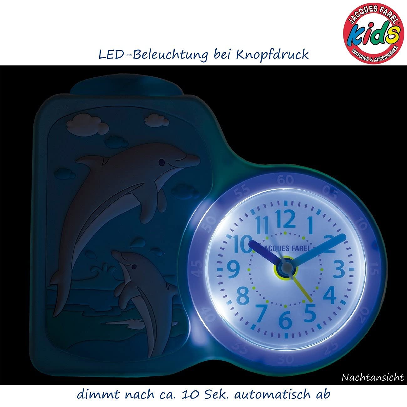 JACQUES FAREL Children's Alarm Clock Dolphin Light Blue without ticking, with light and snooze function ACB 712 DO