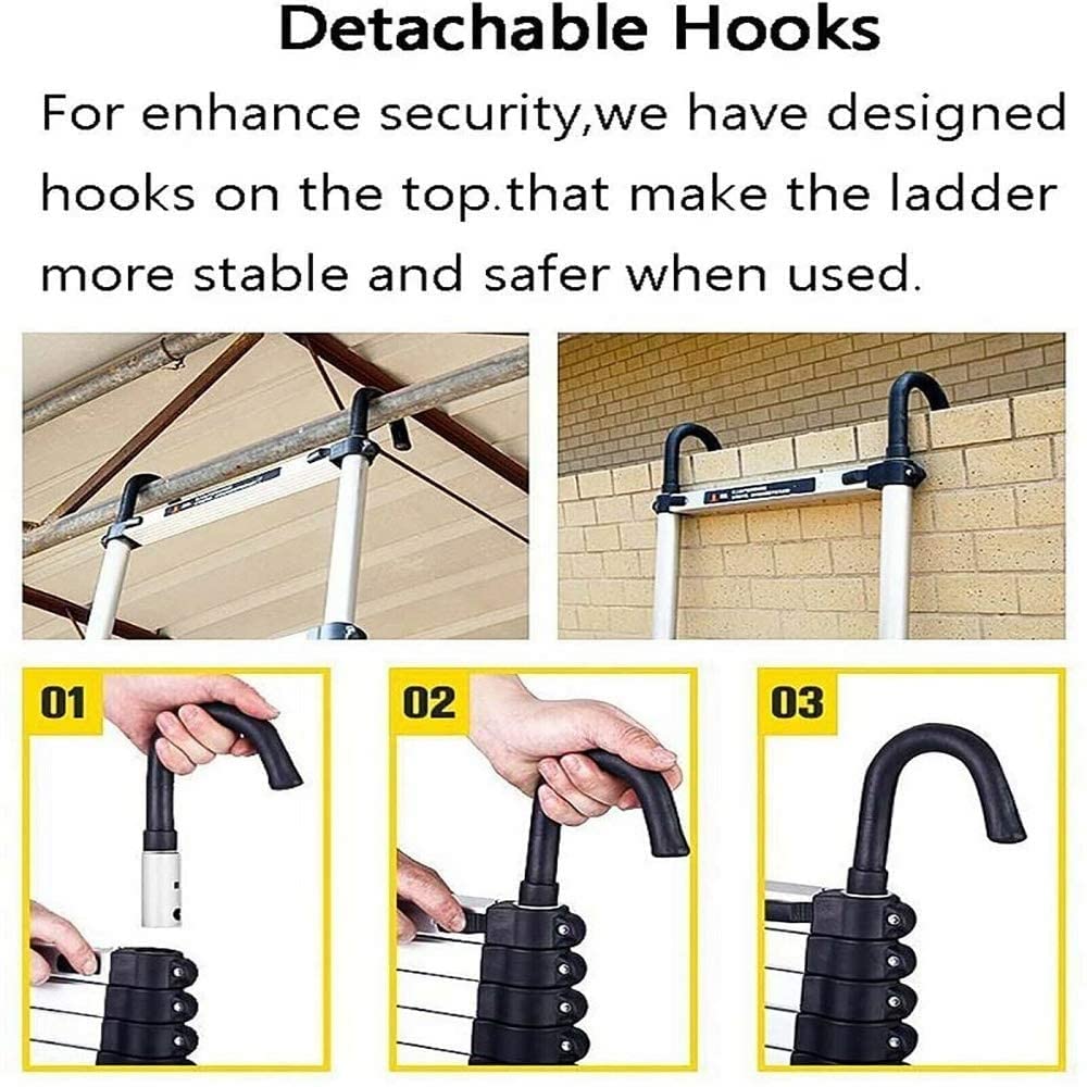 5m/16.5ft telescopic folding ladders made of aluminum EN131 certified. Multipurpose step ladder telescopic extension ladder portable aluminum ladder Max. load 150kg/330lb with removable hook.