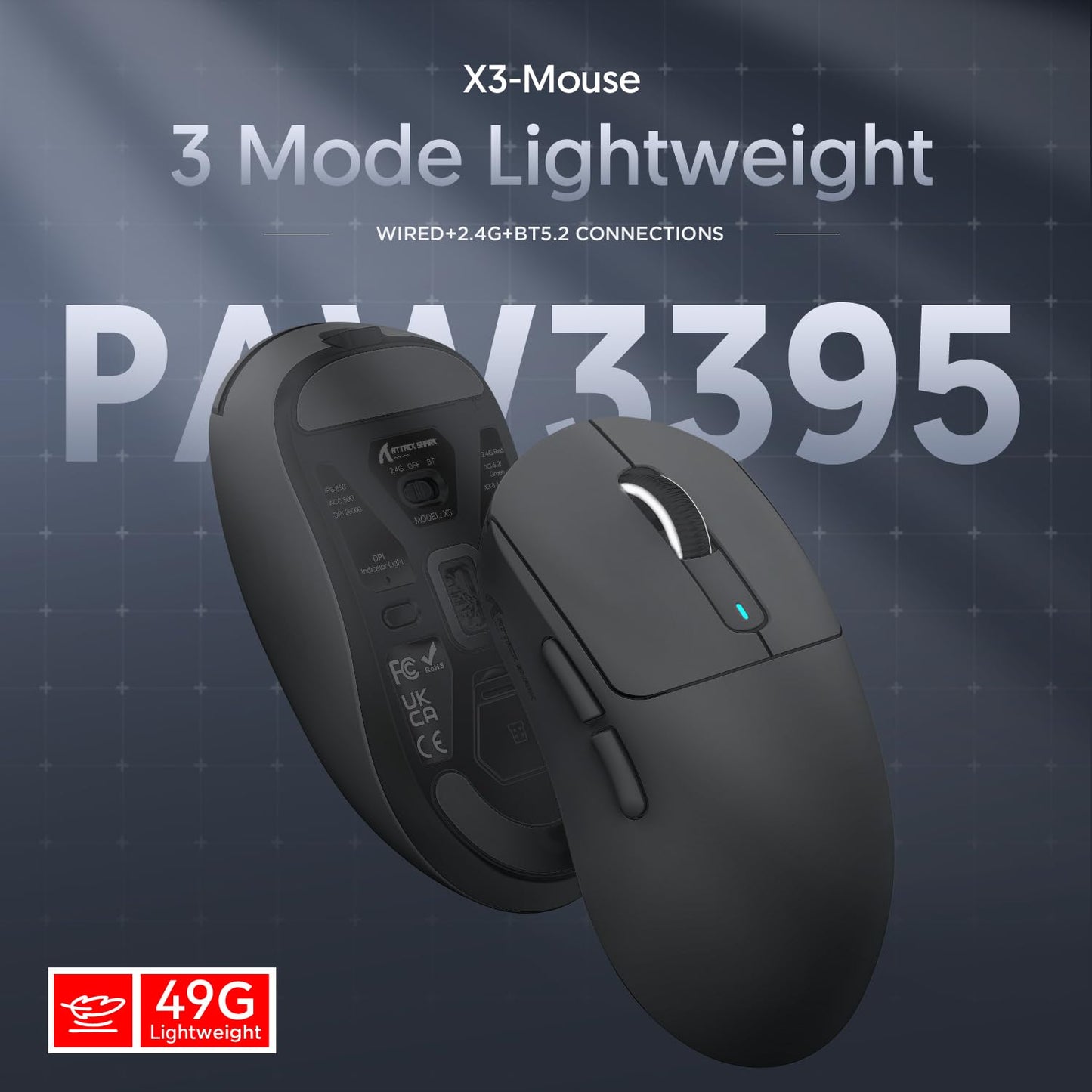 ATTACK SHARK X3 49g Ultralight Mouse, PixArt PAW3395 Gaming Sensor, BT/2.4G Wireless/Wired Gaming Mouse, 26000 DPI, 200 Hrs Battery, Office Mice for Win11/Xbox/PS/Mac (Black)