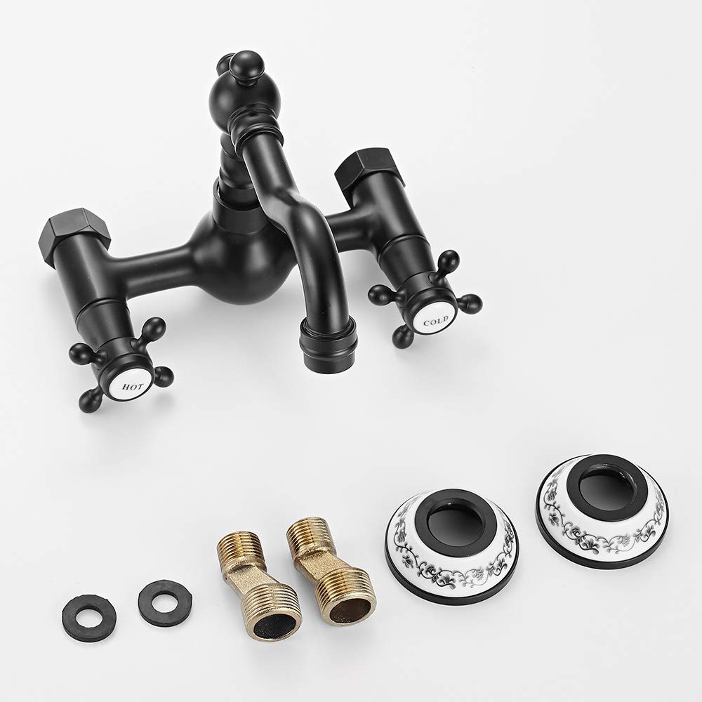 360° Rotatable Wall Mount Kitchen Faucet Brass Antique Wall Mounted Double Handle Sink Faucet Basin Faucet Water Tap Wall Bathroom Faucet Retro Basin Mixer for Kitchen (Black)