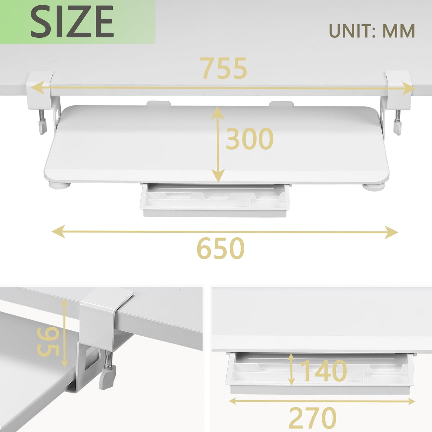 ETHU Keyboard Tray, Keyboard Drawer 65x30 cm with C-Clamp Mount, Under Desk Retractable, Ergonomic Keyboard Slide-Out for Home & Office, Easy to Install (White)