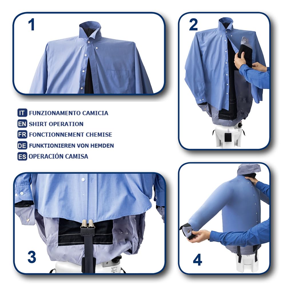 Ironing machine dries and irons shirts, blouses, and polos automatically. It refreshes and disinfects clothing and fabrics with 3 programs. 4-in-1 ironing machine with A++ rating and 5-year warranty. Model SA03 ECO INOX.