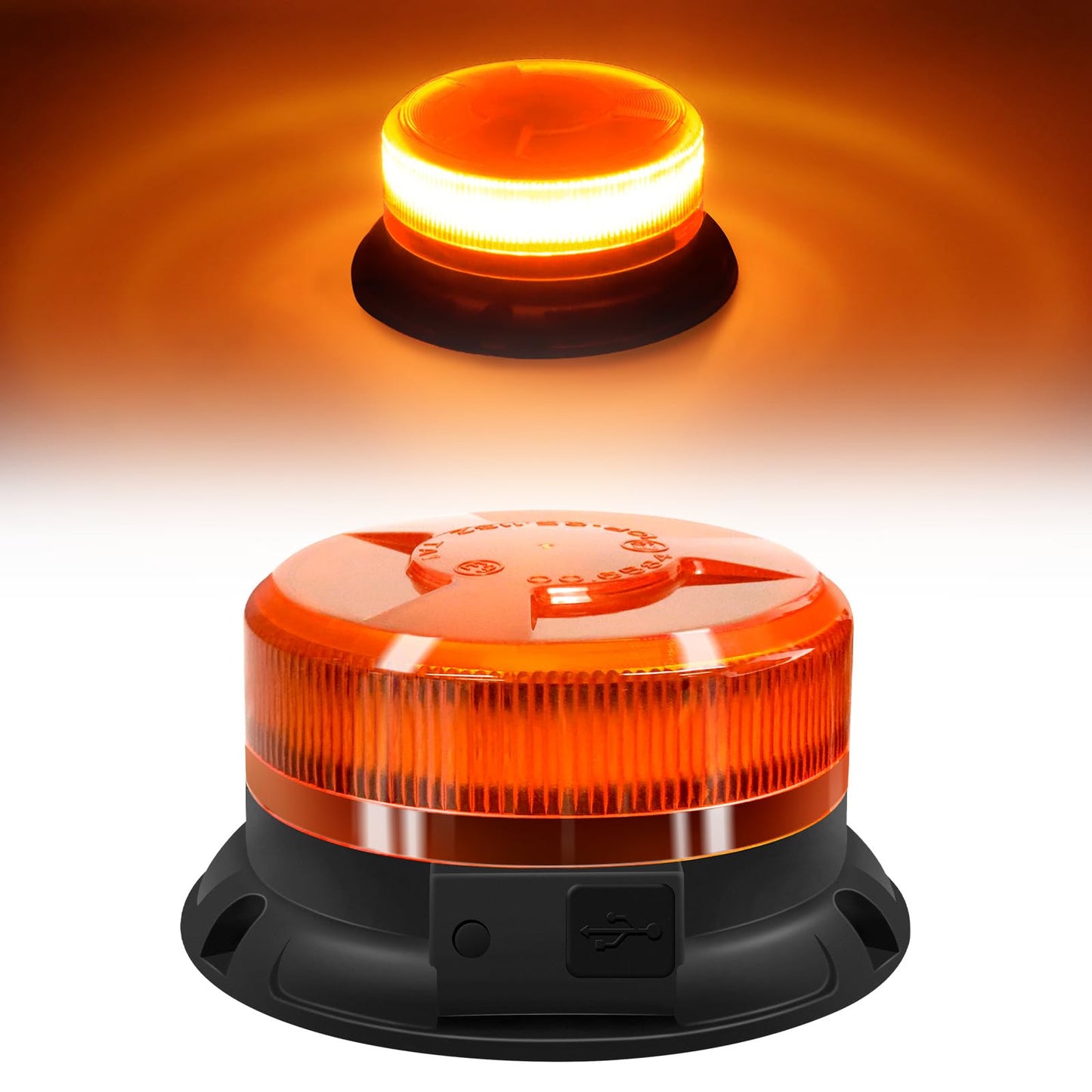 AnTom LED warning light with rechargeable battery, 9 flash patterns, 12V/24V, yellow, magnetic mount, includes car charger and USB cable, for cars, trucks, tractors, golf carts, and SUVs.