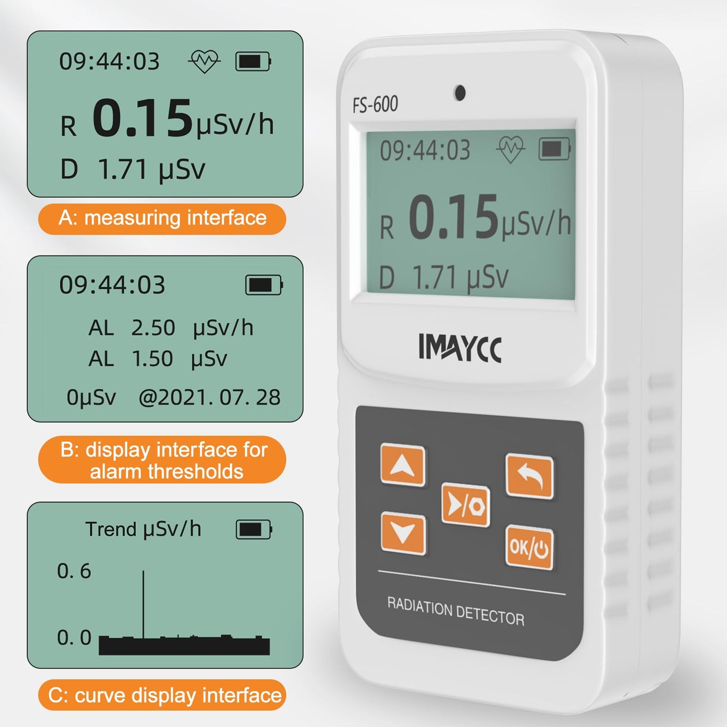 IMAYCC Geiger Counter, FS-600 Dosimeter Automatic Radiation Detector, Radioactivity Nuclear Radiation Detector Can be used in homes, businesses, indoors, and outdoors.