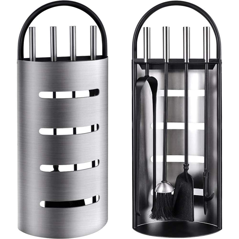 Amagabeli 21.3" (54cm) 4 Piece Fireplace Tool Set Heavy Duty Fireplace Tools Set Silver Wrought Iron Fireplace Companion Set Fireplace Iron Block Holder Fire Pit Lienbacher Fireplace Wood Stove Tools Fire Tongs