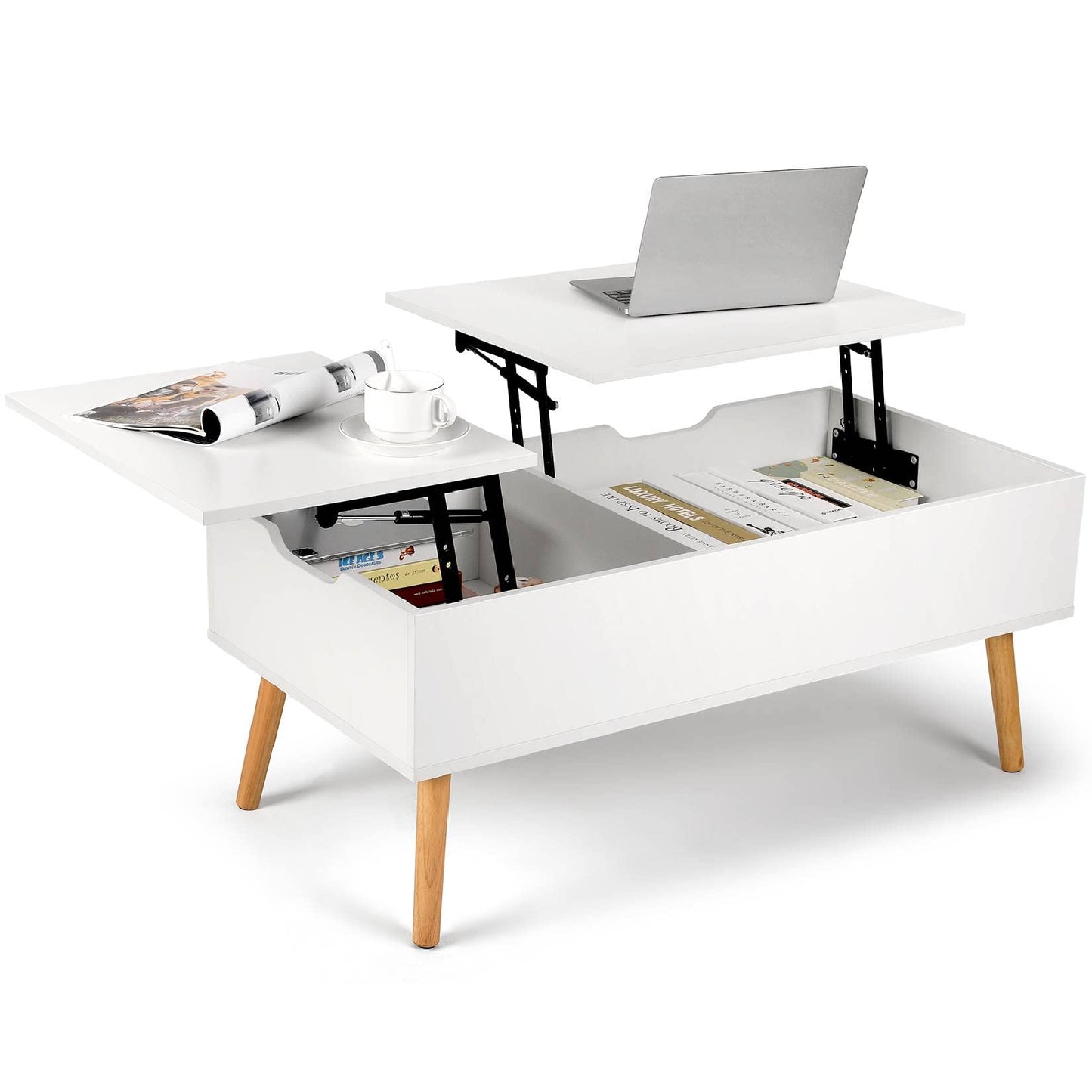 VOWNER Coffee Table, Adjustable Height, Extendable, Retractable, Separate Hidden Storage, Double Lift Top, Living Room Table, White.