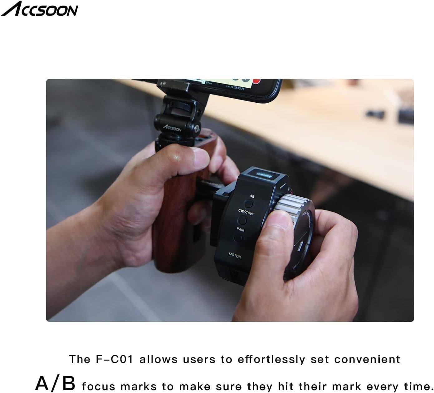 Accsoon F-C01 Wireless Follow Focus System with FHSS Technology, A/B Stops, 350ft/100m Range, Snap-on Gear Belt for DSLRs and Mirrorless Cameras, Compatible.