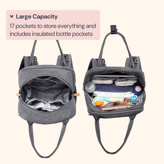 BabbleRoo Diaper Bag Backpack - Large capacity, 17 pockets, water resistant - with changing pad, detachable pacifier holder, stroller straps - Travel backpack for Mom & Dad