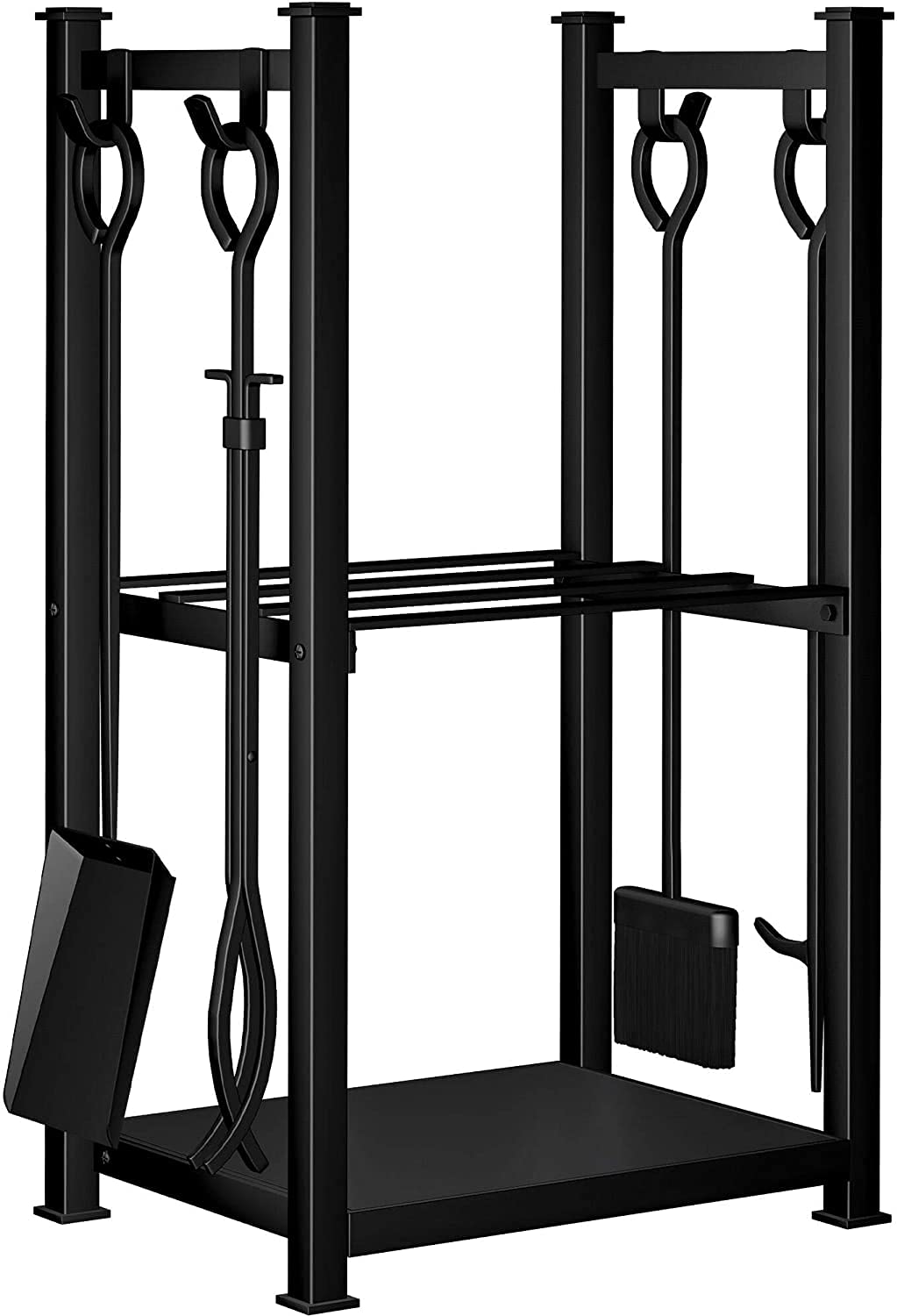 Amagabeli Fireplace Log Rack with 4 Fireplace Tools 72x46x30cm Indoor Firewood Stand Fireplace Log Rack Fireplace Tool Set Outdoor Wood Rack 2 Shelves Wrought Iron Firewood Rack Fireplace Tools Black