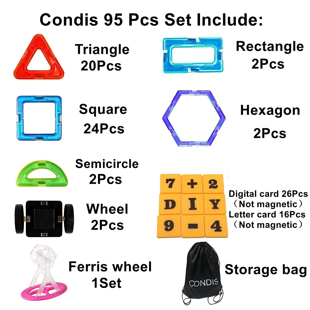CONdis Magnetic Building Blocks 95 Pieces, Magnet Game STEM Magnetic Blocks, Creative Educational Toy for Montessori Toy Preschool Learning for Boys and Girls from 3 years old
