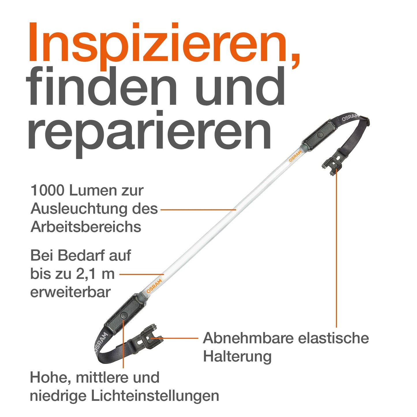 Osram LEDinspect Flexible Inspection Light, rechargeable LED inspection lamp, 6000K, brightness up to 1000lm, detachable elastic bands, White