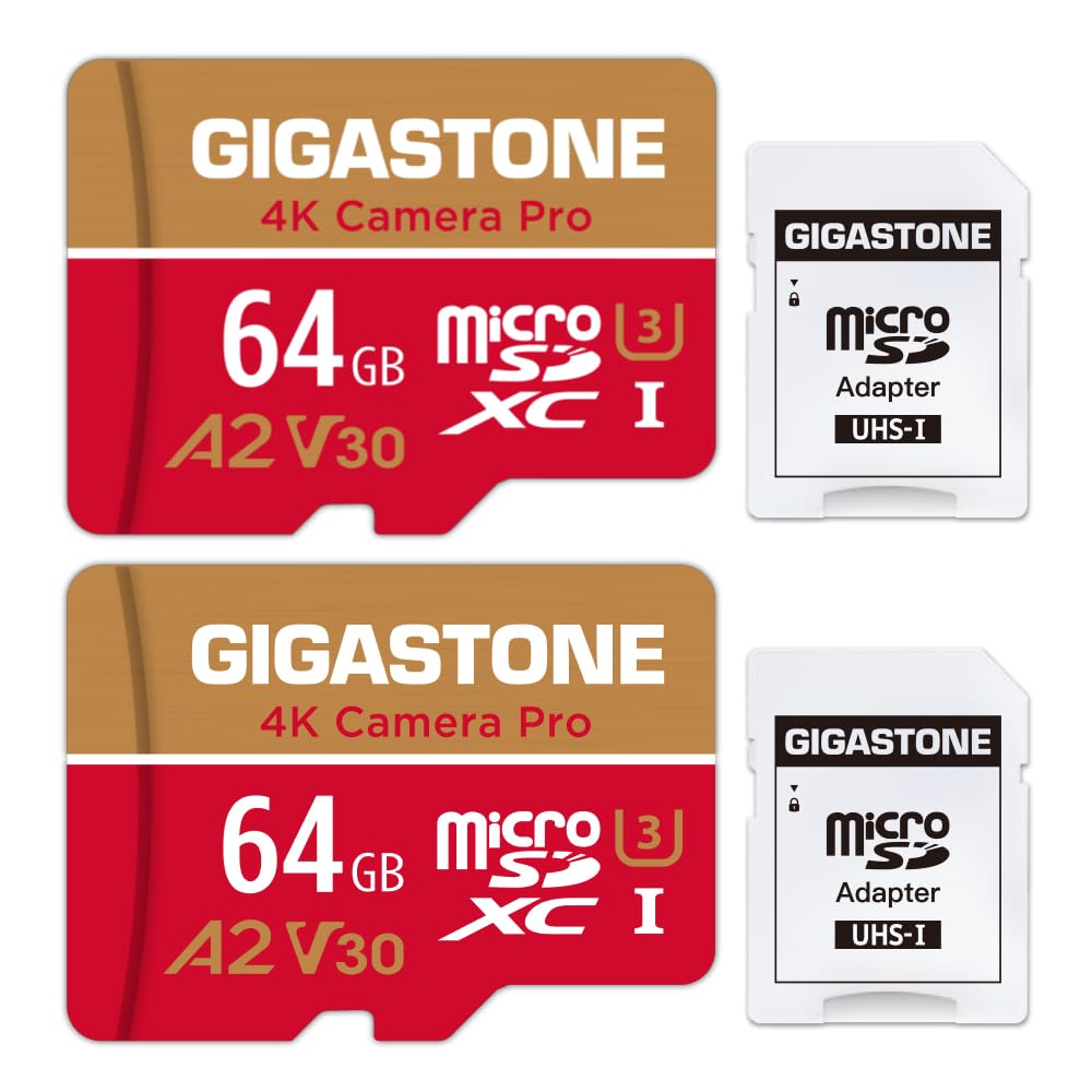 GIGASTONE 64GB Micro SD Card 2-Pack, 4K Camera Pro, compatible with GoPro Switch, up to 95 MB/s, A2 U3 V30 Micro SDXC card with SD adapter.
