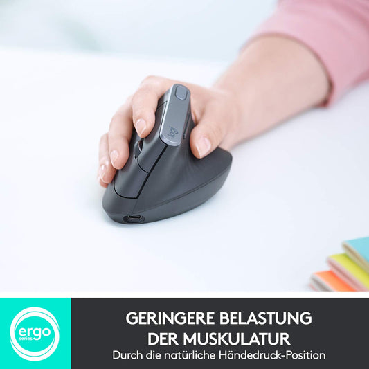 Logitech MX Vertical, Ergonomic Wireless Mouse, Bluetooth and 2.4 GHz connection via Unifying USB receiver, 4000 DPI sensor, rechargeable battery, 4 buttons, multi-device, PC/Mac/iPadOS compatible - Graphite