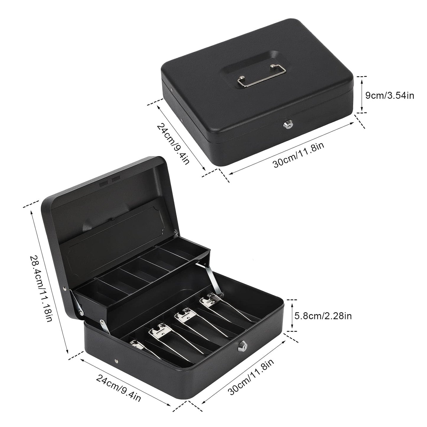 HAITRAL lockable money box, banknotes and coin storage, metal cash box, portable large money box with 2 keys - W 30 x D 24 x H 9 cm, Black