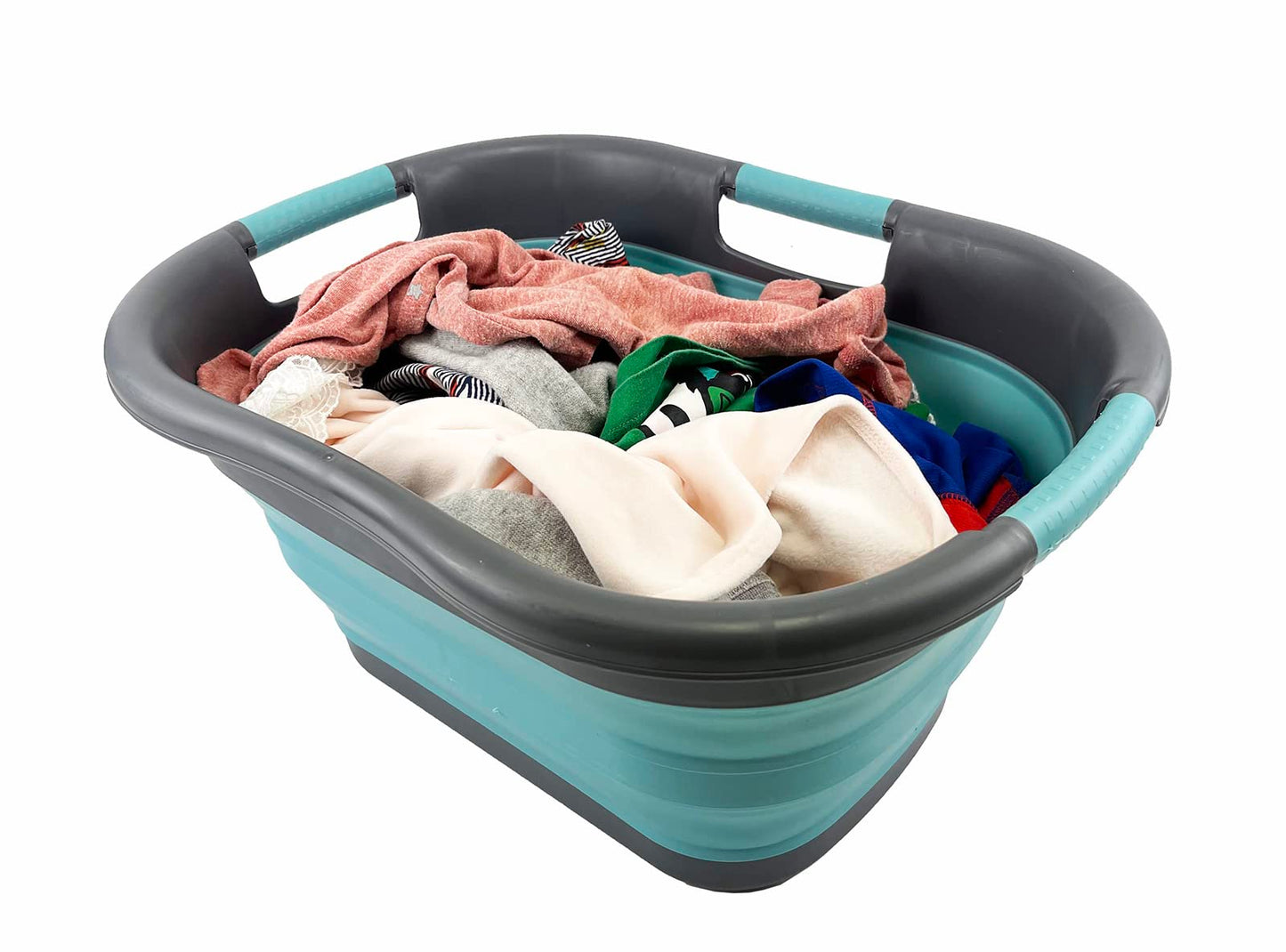SAMMART Plastic Foldable Laundry Basket, 30L, collapsible, pop-up storage container/organizer, portable laundry tub, space-saving laundry basket/bin (Alloy Gray + Crystal Blue)