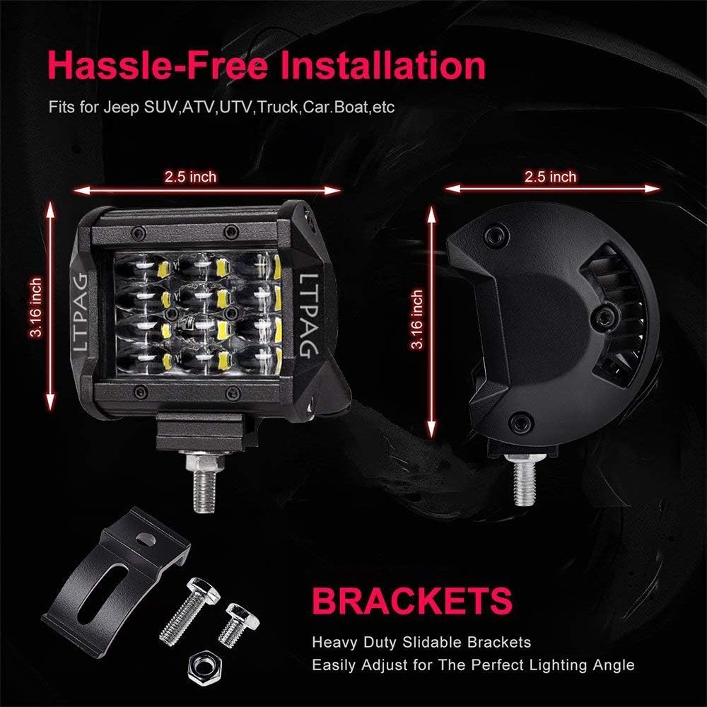 LTPAG auxiliary lights, 2 x 72W Cree LED work lights 4 inches 7200LM 6000K IP68 waterproof off-road floodlight four-row LED headlight work light fog light.