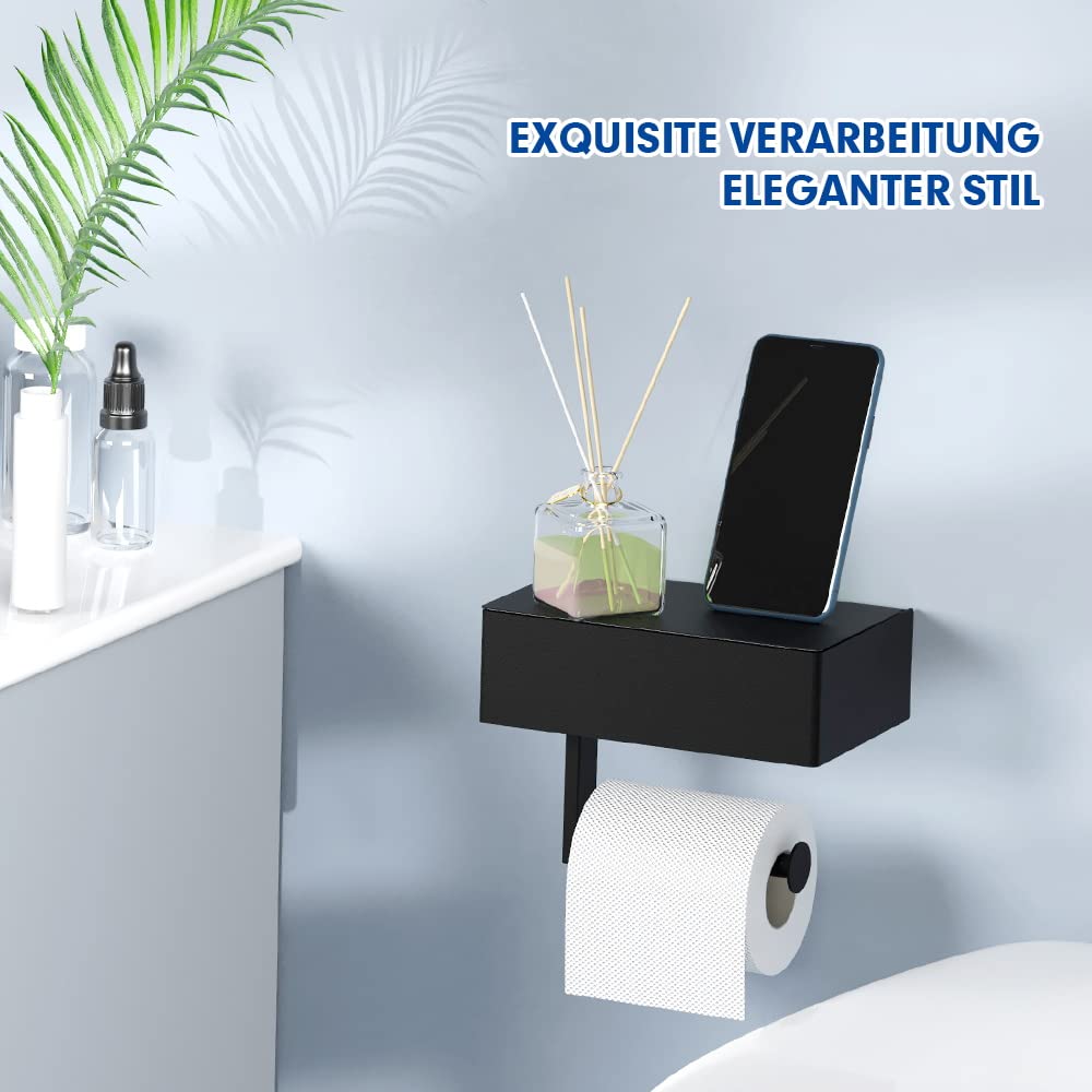 MVKV toilet paper holder with wet wipes box, matte black toilet paper holder with shelf, no drilling required, wall-mounted 304 stainless steel toilet roll holder with storage for bathroom.
