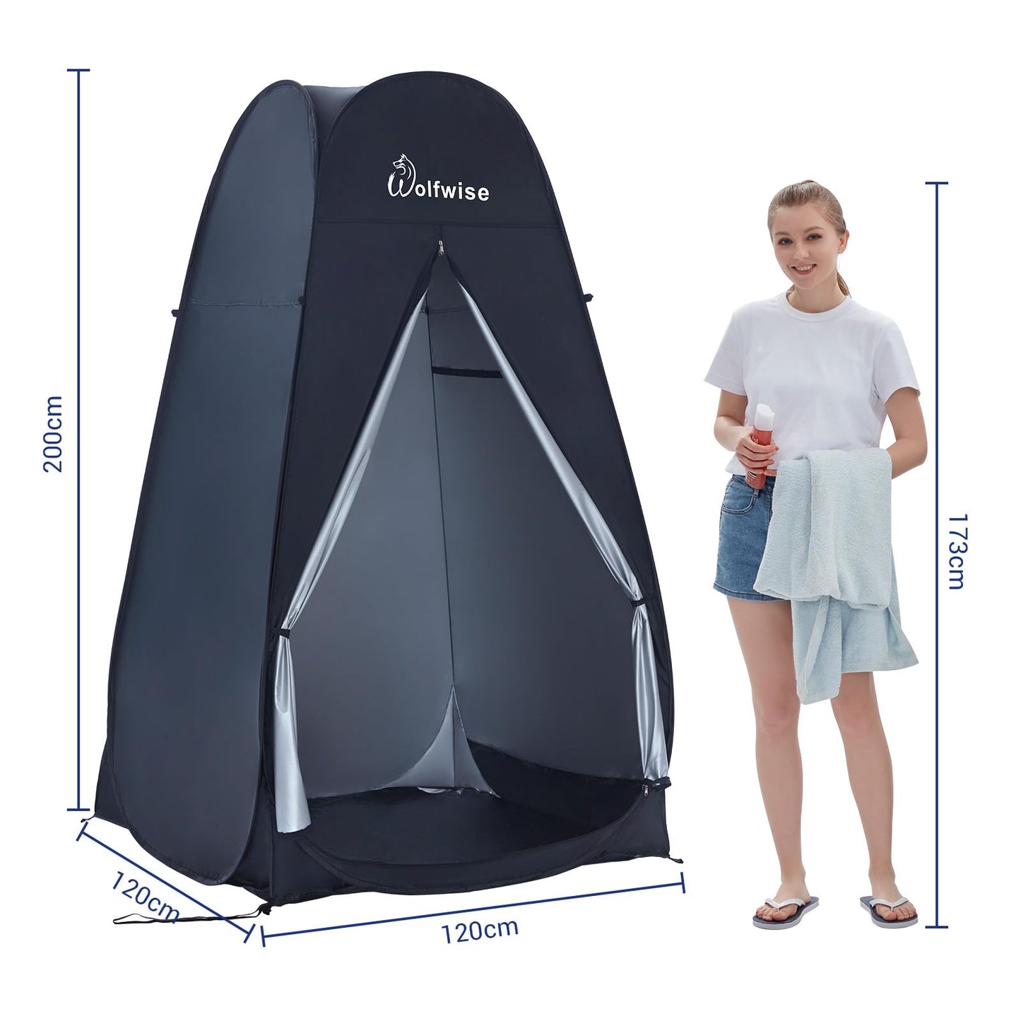 WolfWise Pop-Up Shower Tent, Large Toilet Tent, Changing Room, Portable Camping Shower Cabin WC Tent Mobile Changing Room Outdoor Privacy Tent Spacious Private Tent for Hiking Beach Black