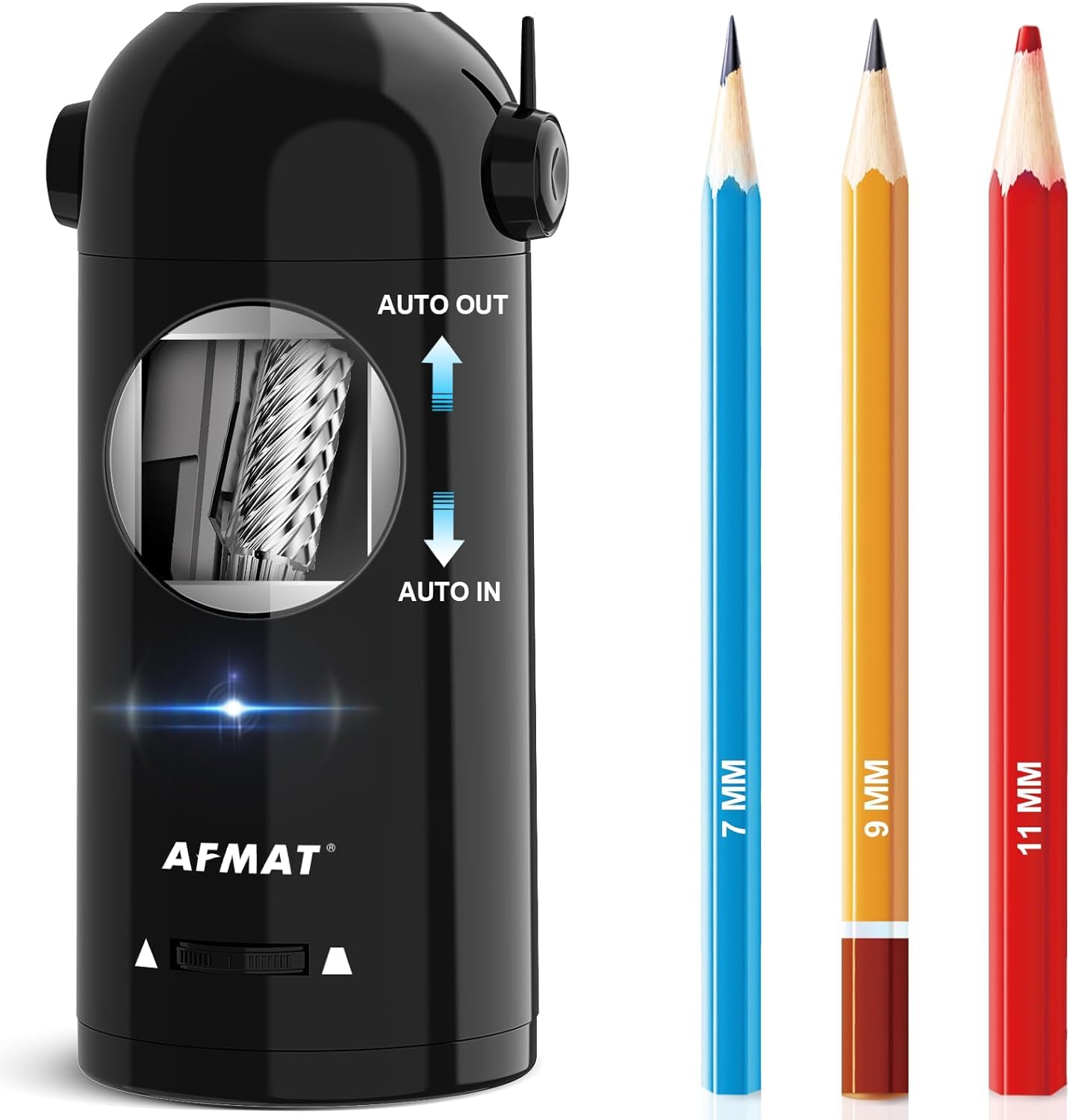 AFMAT Fully Automatic Electric Pencil Sharpener with Container, Electric Sharpener for 7-11.5mm pencils, Portable and Safe, Rechargeable Pencil Sharpener for Home, Office, School, Black
