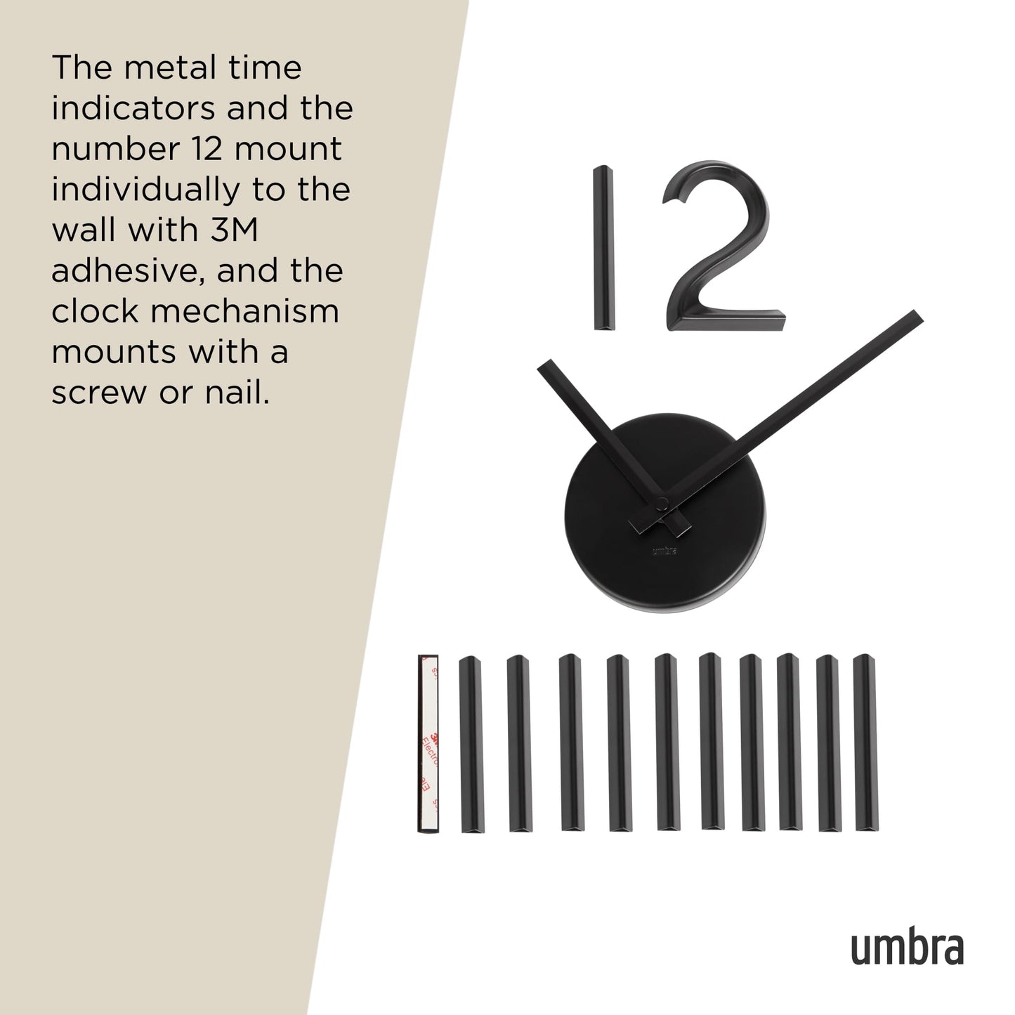 Umbra Blink, modern and minimalist DIY quartz wall clock without frame, adhesive numbers, wall decoration for kitchen, office, bedroom, and living room, metal, black.