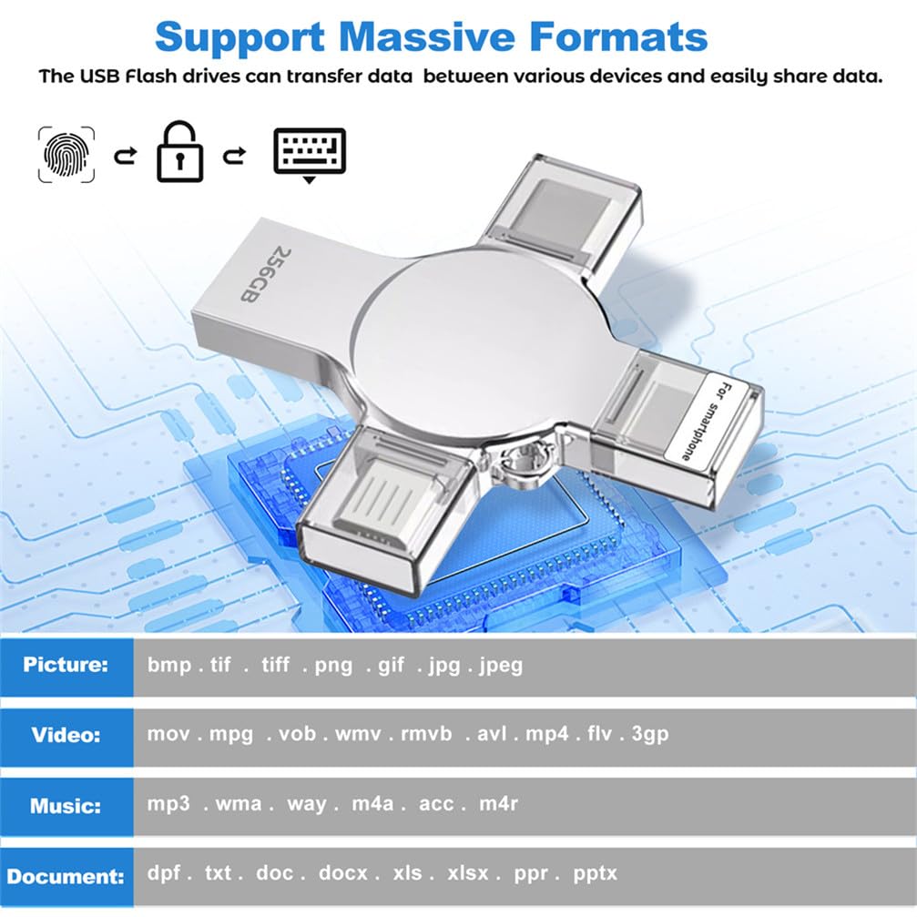 Tioreint USB Flash Drive 256GB USB 3.0 Memory Stick 4 in 1 Metal Photo Stick USB Drive Mobile External Storage for Smartphone Computer Laptop OTG Android PC Pad
