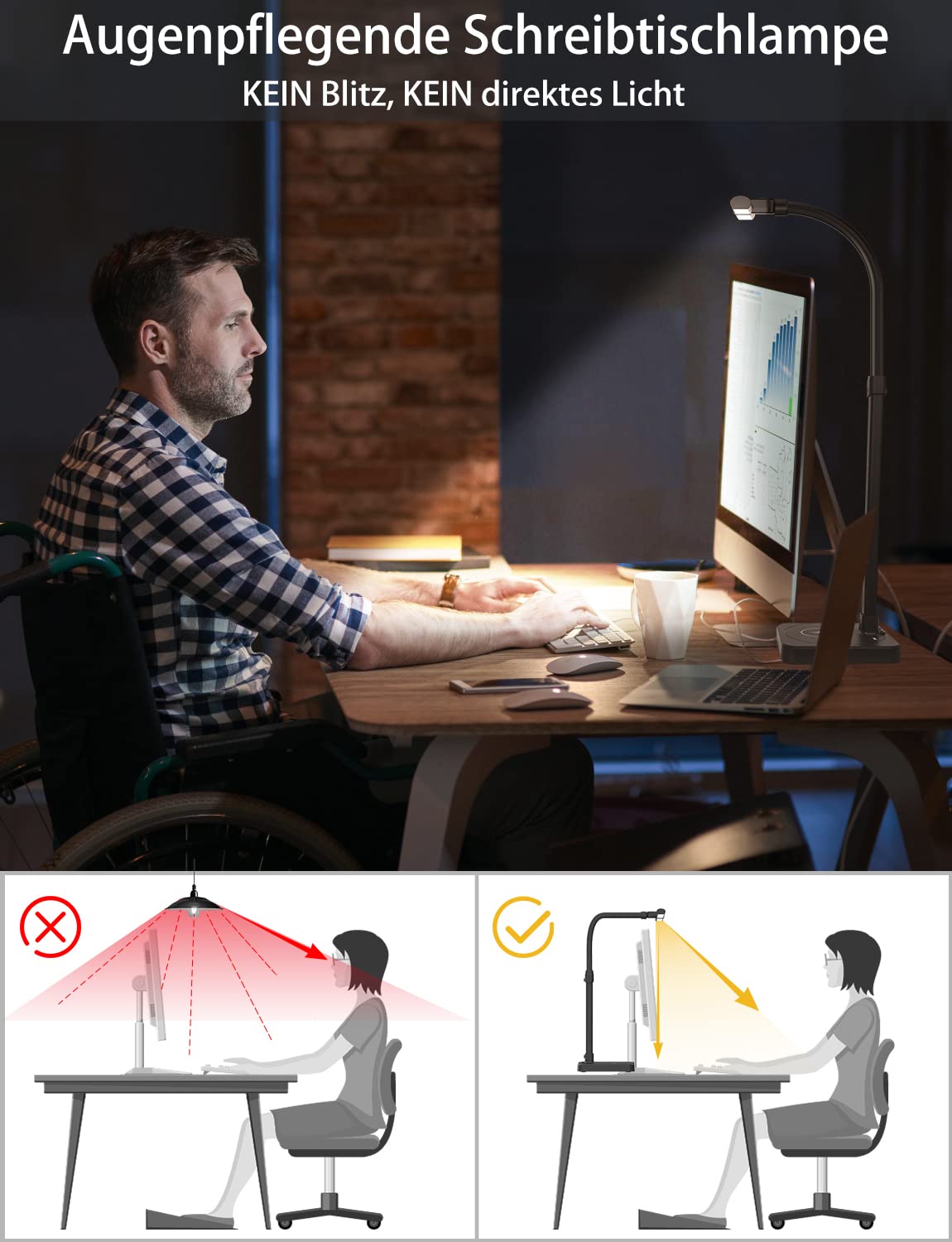 tantu desk lamp LED dimmable, 24W 80CM double head desk lamp, 5 color 5 brightness levels office lamp swan neck, desk lamp with base (black)