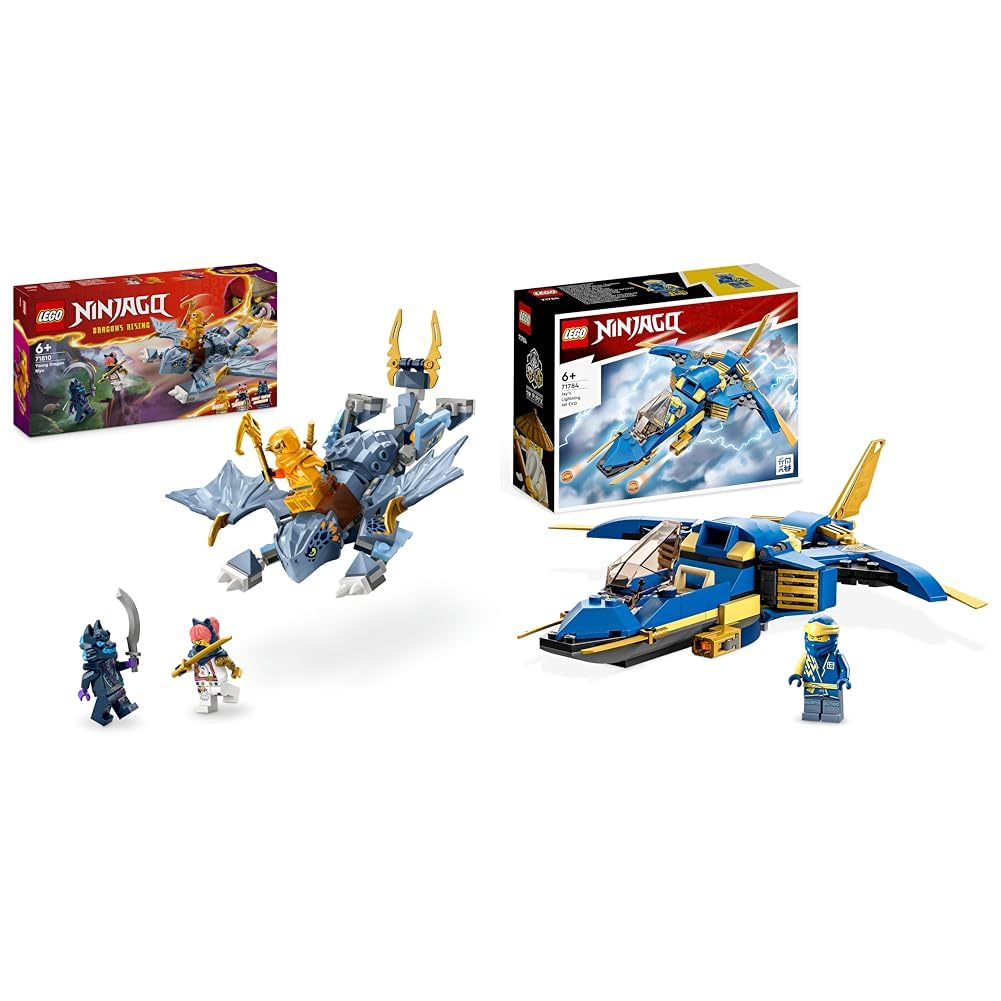 LEGO NINJAGO Riya the baby dragon, dragon toy & NINJAGO Jay's Thunder Jet EVO, upgradeable ninja toy plane with Jay minifigure, birthday gift idea for kids aged 7+ 71784