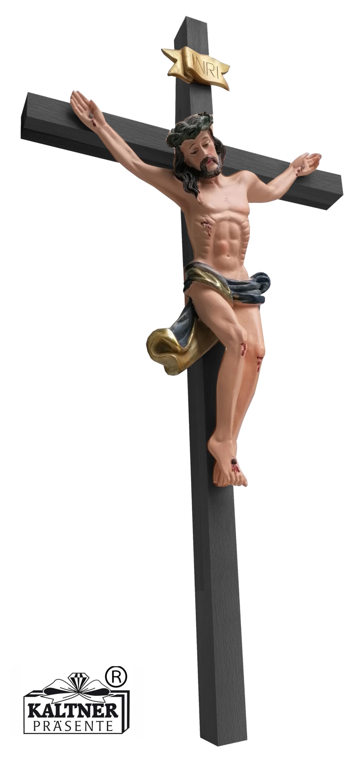 Kaltner Präsente gift idea - Wooden cross crucifix made of real beech wood in black with Jesus Christ figure made of hand-painted artificial stone (height 50 cm)