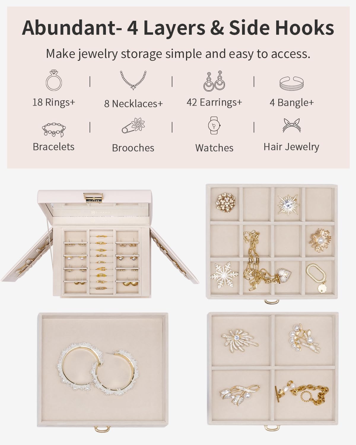 Vlando Jewelry Box Large with 4 layers, Jewelry Case PU Leather, Jewelry Box with Mirror and Drawers, Jewelry Organizers, Velvet lining, Beige