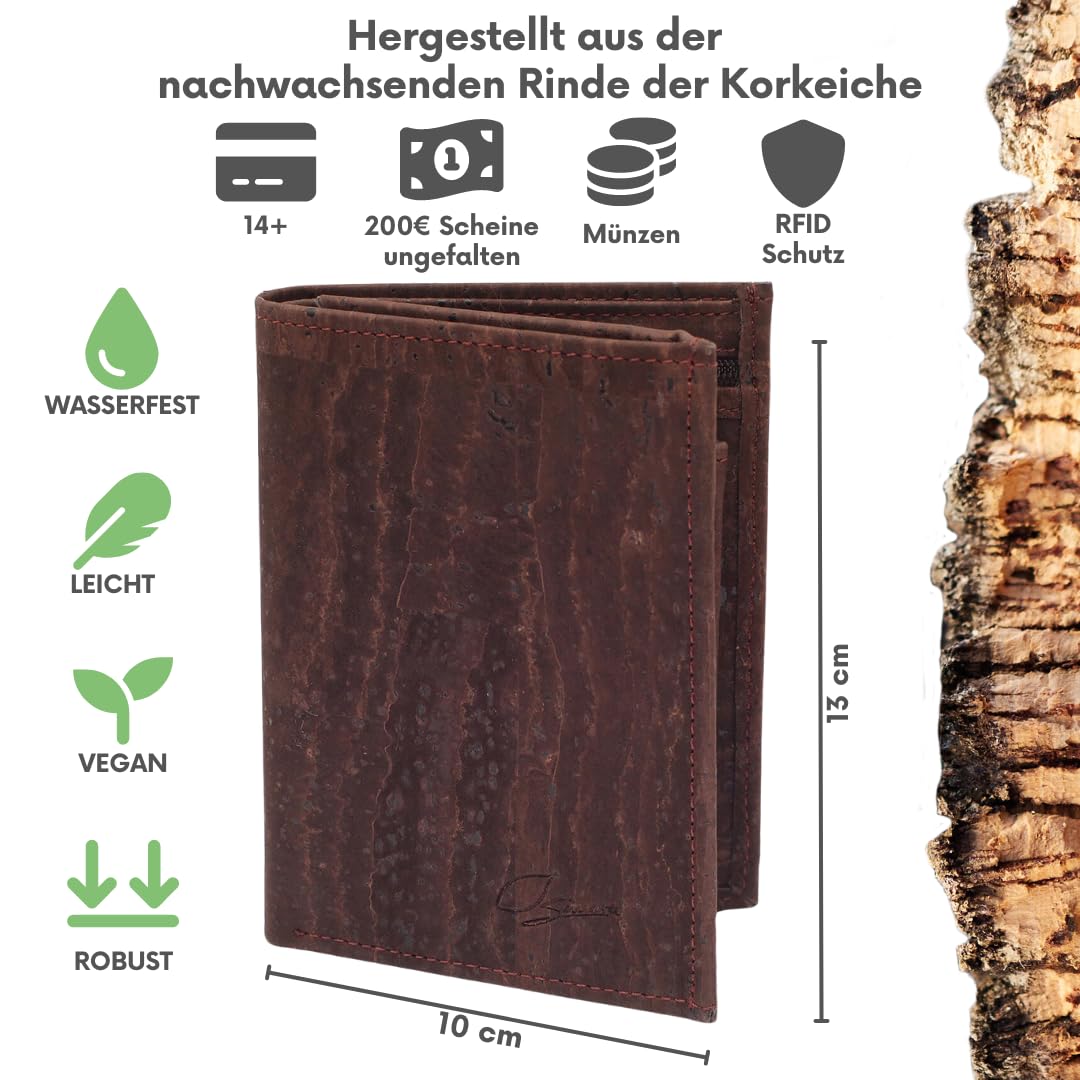 Simaru cork wallet with RFID protection, vegan purse for women & men, holds 10+ cards, bills & coins.