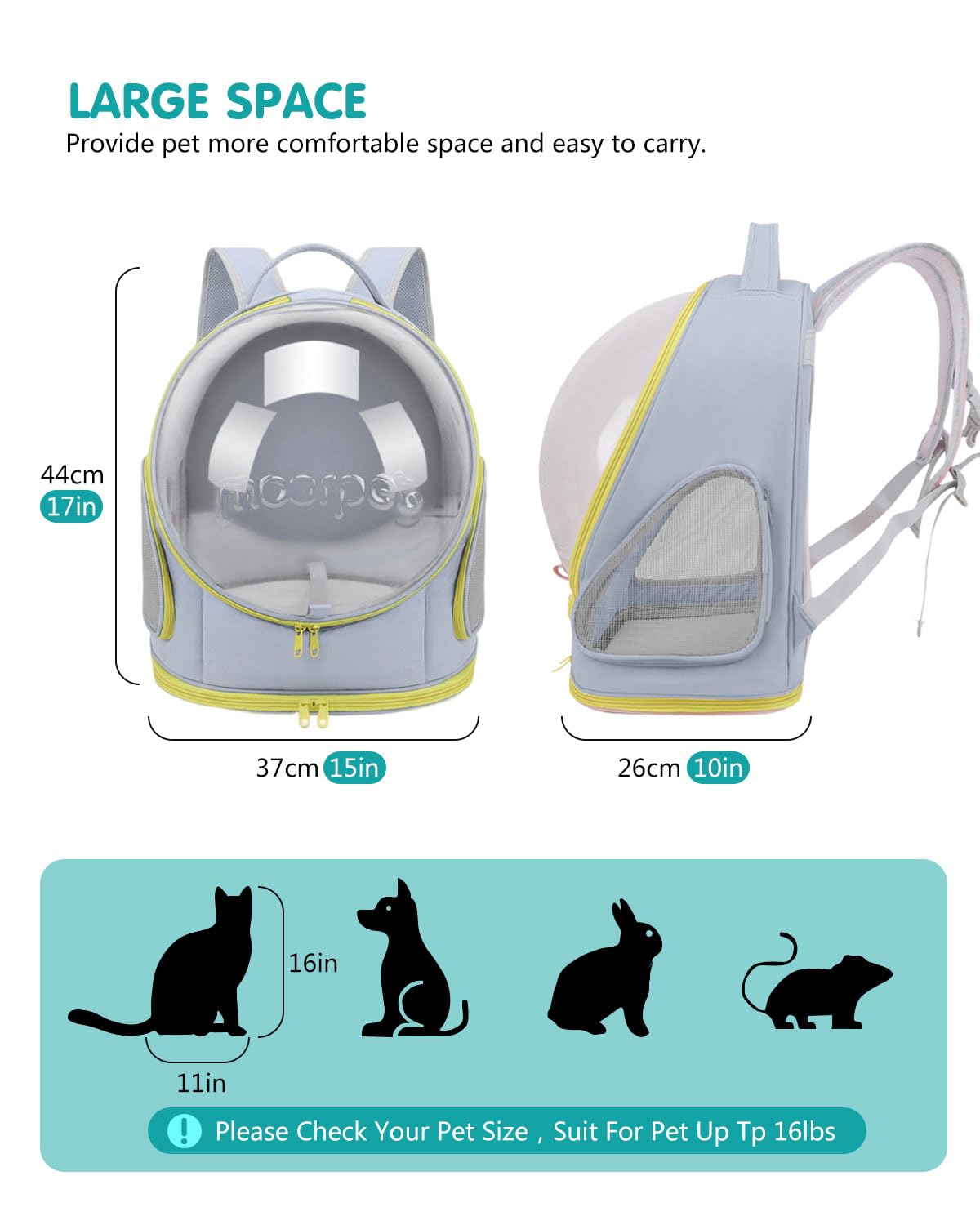 PETCUTE Cat Carrier Backpack, Pet Backpack Space Capsule with Removable Mat, Foldable Backpack for Pets Cats Dogs, Dog Carrier Backpack with Safety Leash for Travel Hiking Camping