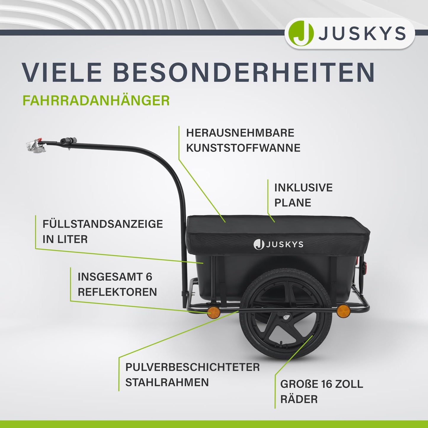Juskys Bike Trailer 90 liters - Cargo trailer with hitch, drawbar - Trailer for bicycle 40/80 kg payload - Transport trailer with protective cover.