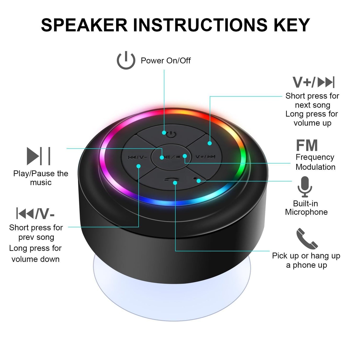 Bluetooth shower speaker, portable waterproof Bluetooth speaker with suction cup, integrated microphone. Perfect for bathroom, parties, and the beach. Great gift idea!