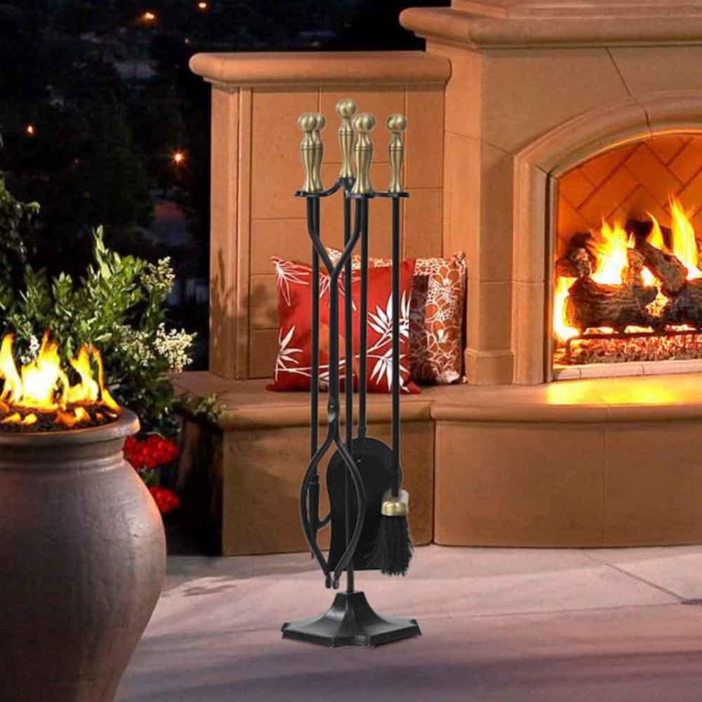 AMAGABELI 26.5" 5-piece Fireplace Tool Set with Wrought Iron and Inner Decoration Fireplace Accessories Firewood Stand Tongs Shovel Brush Poker Gold.