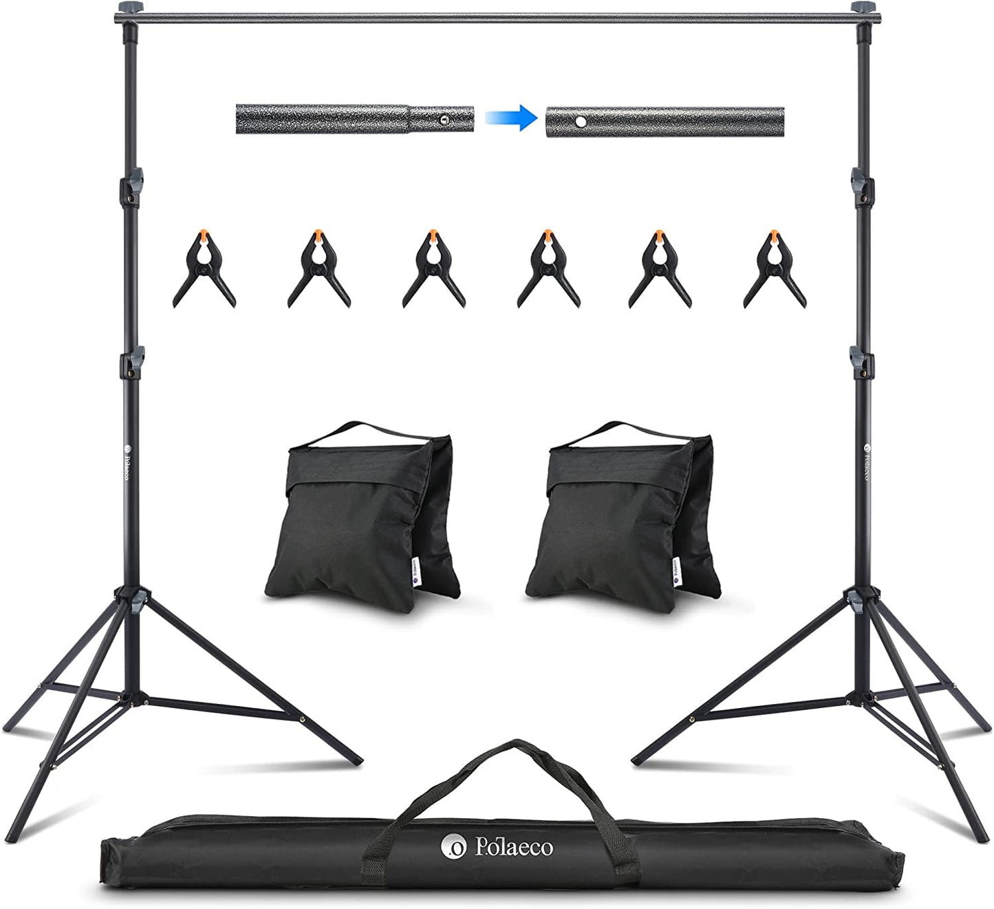 Potaeco Photo Background Stand, 2.8x3M Backdrop Stand Adjustable Photo Studio Support System with 6 Background Clips, 2 Sandbags and Carrying Bag for Portrait Product Photography, Wedding Parties