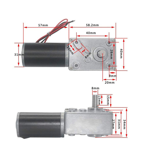 12V 30RPM DC worm gear motor with 50kg.cm torque, 31mm height, self-locking feature. Reversed mini turbine gear motor for DIY robots, revolving tables, door locks, and curtain machines.