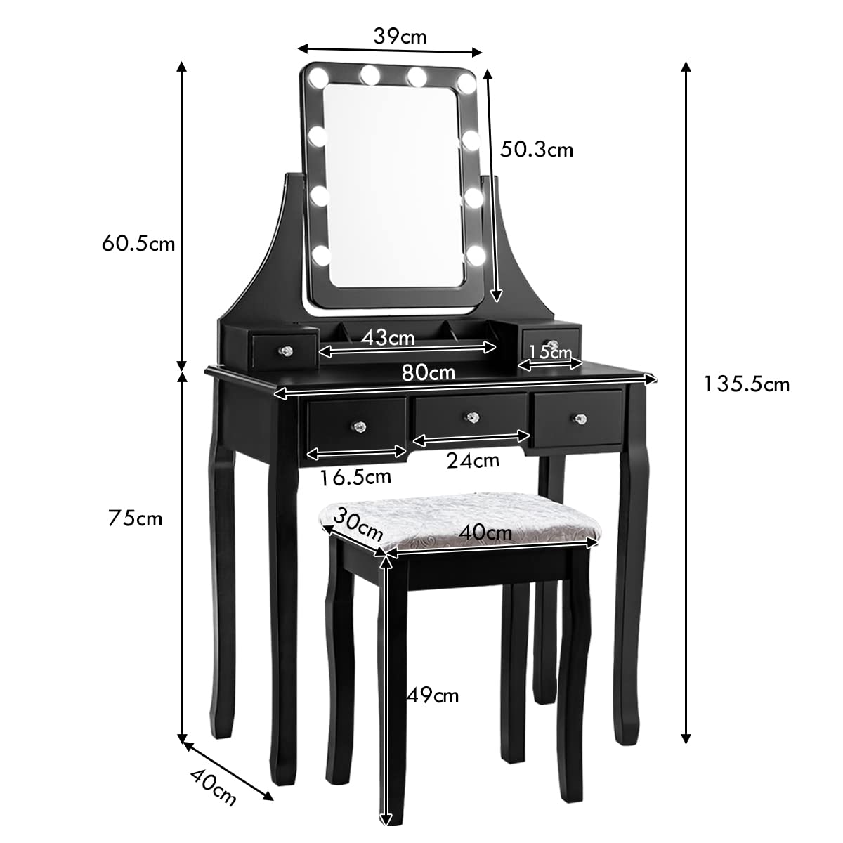 GOPLUS Vanity Table with Mirror and 10 LED Bulbs, Makeup Table with 5 Drawers and Organizer, Wooden Dressing Table, for Bedroom (Black)