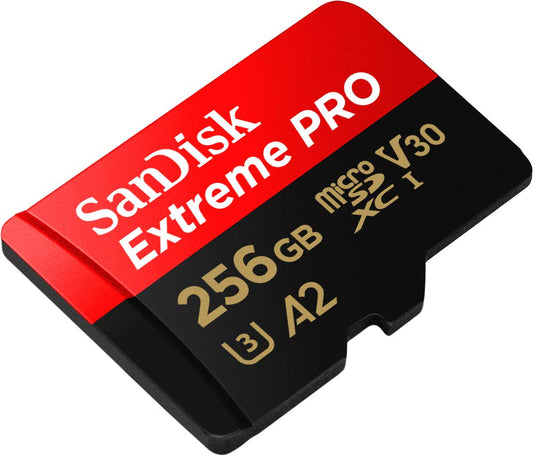 SanDisk Extreme PRO microSDXC UHS-I Memory Card 256GB + Adapter & RescuePRO Deluxe (For smartphones, action cameras, or drones, A2, Class 10, V30, U3, 200MB/s transfer)