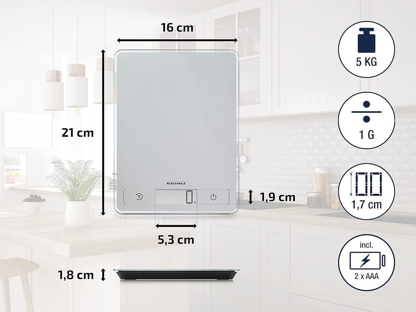 Soehnle Page Comfort 100, digital kitchen scale, silver, weight up to 5 kg (1 g accurate), household scale with sensor touch, electronic scale including batteries, large LCD display