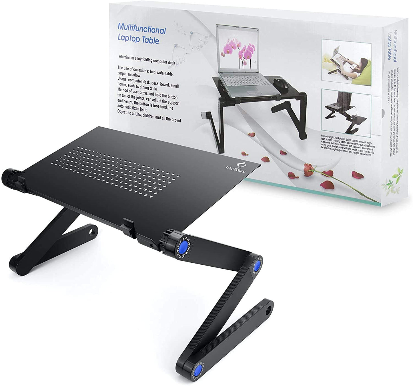 LifeBasis Laptop Stand Foldable Fully Adjustable Notebook Stand Aluminum Alloy Portable Bed Breakfast Tray Book Stand for Ultrabook Notebook up to 17", Black PACKAGING