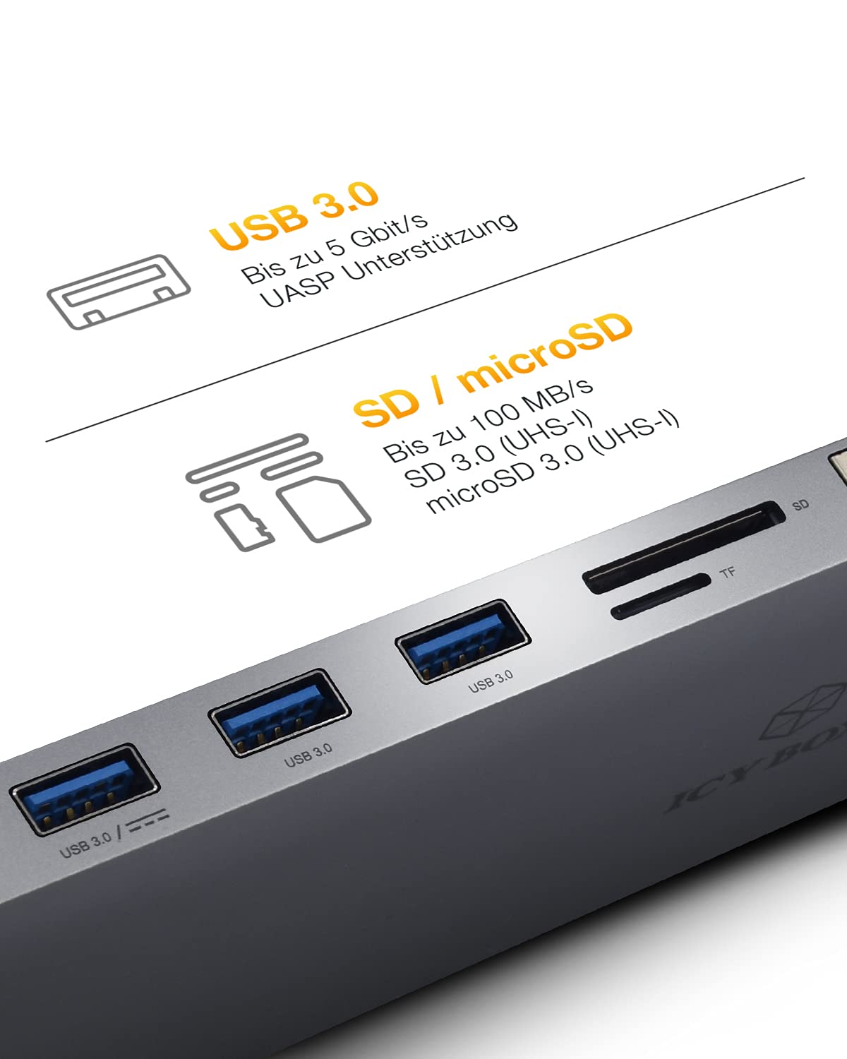 ICY BOX USB-C Docking Station (11-in-1) for 2 monitors (2x HDMI & 1x VGA), 4K 30Hz, 3x USB 3.0 HUB, 100W Power Delivery, Gigabit Ethernet, card reader, Gray, IB-DK2106-C