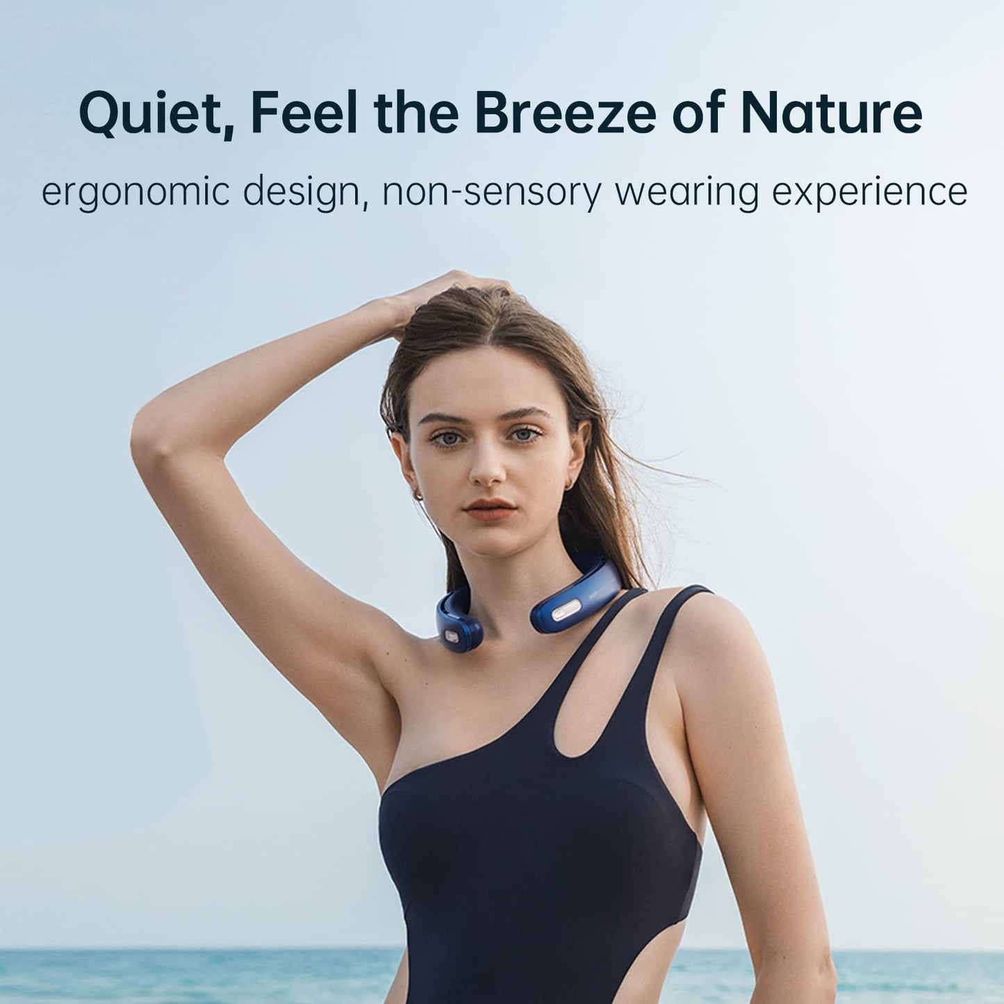 JISULIFE Portable Neck Fan Pro with 100 speeds, bladeless design, portable fan, stepless button, LED display, rechargeable personal 5000mAh in blue.