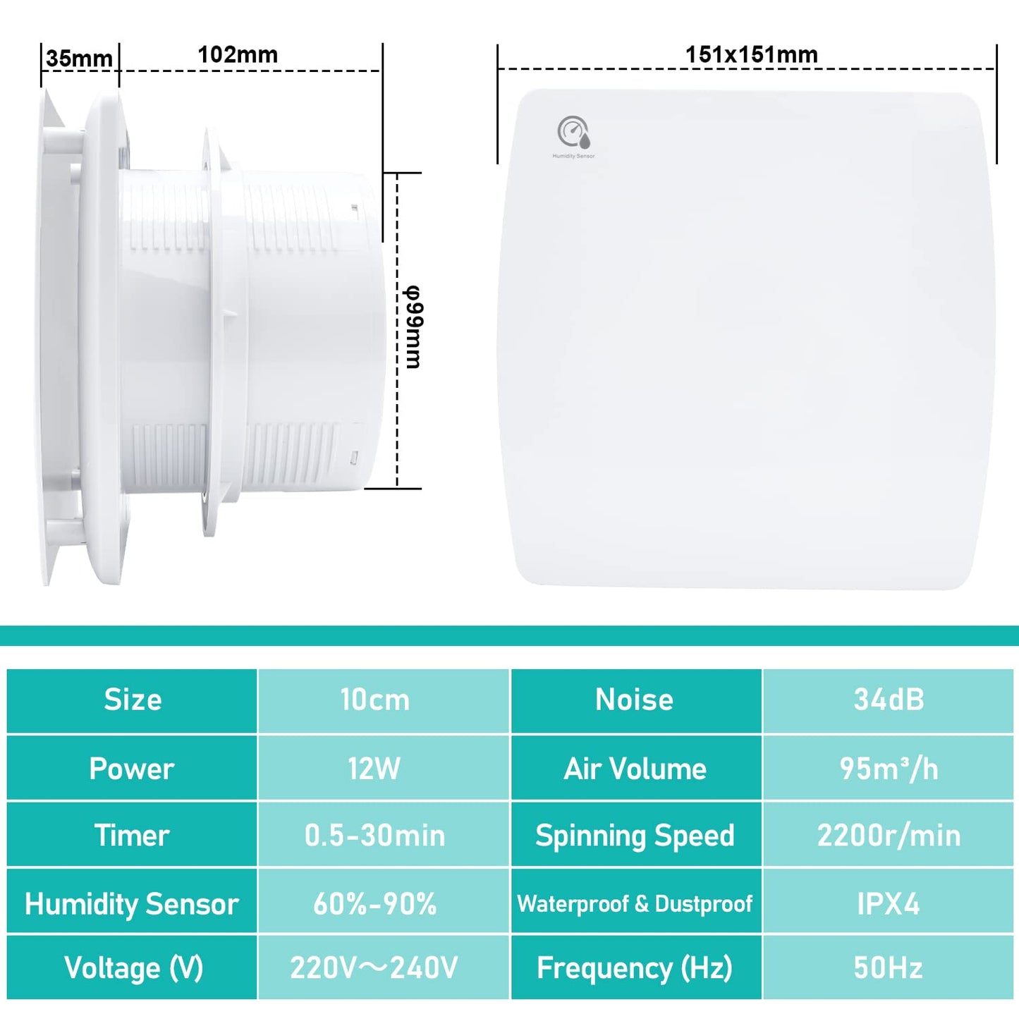 Ikodom bathroom fan 100mm with humidity sensor and backdraft damper timer, ceiling and wall mounted exhaust fan for kitchen, attic and basement, quiet, white.
