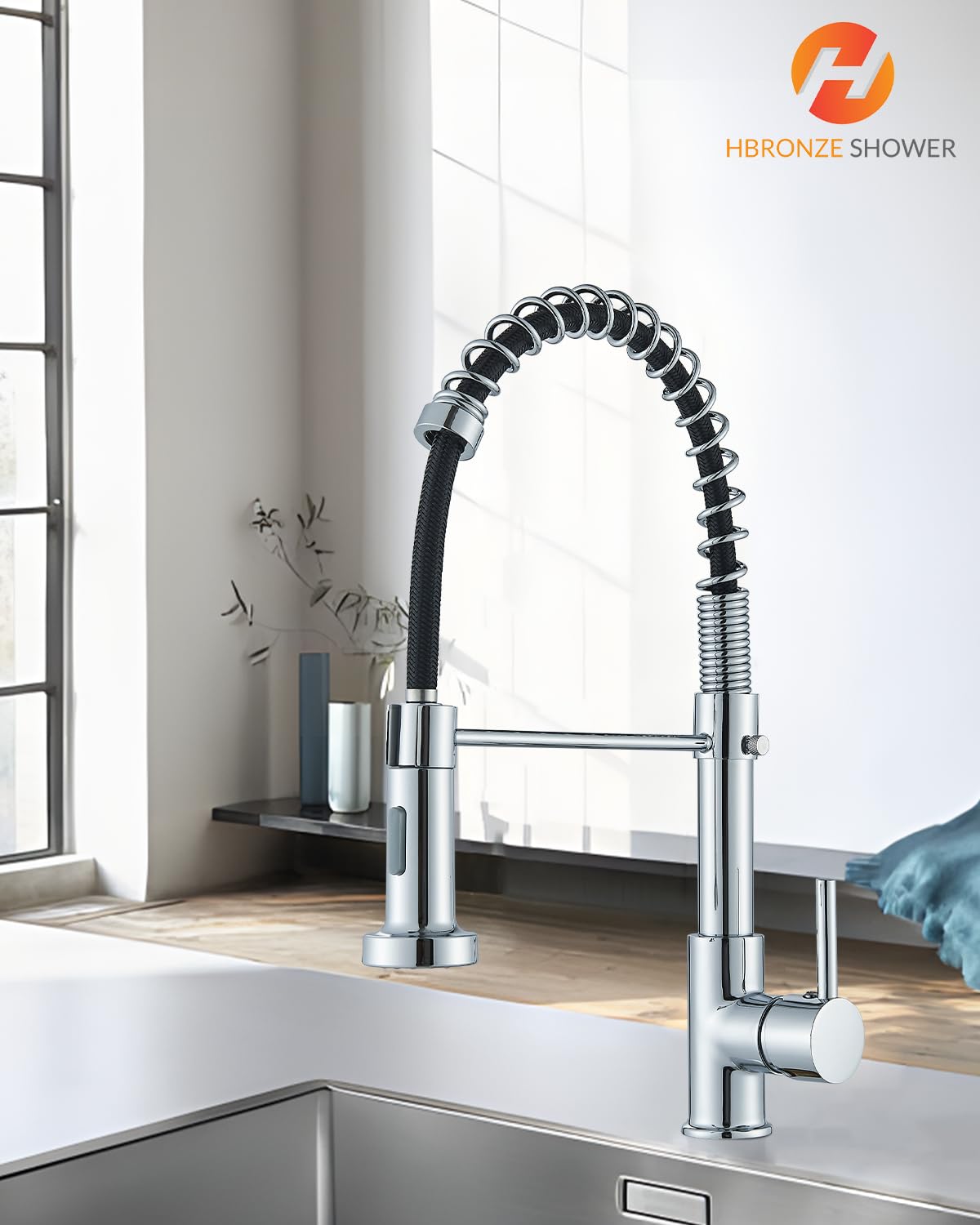 Hbronze shower kitchen faucet with pull-out sprayer, 360° swivel kitchen faucet, single handle sink faucet, high pressure stainless steel kitchen mixer tap, galvanic.