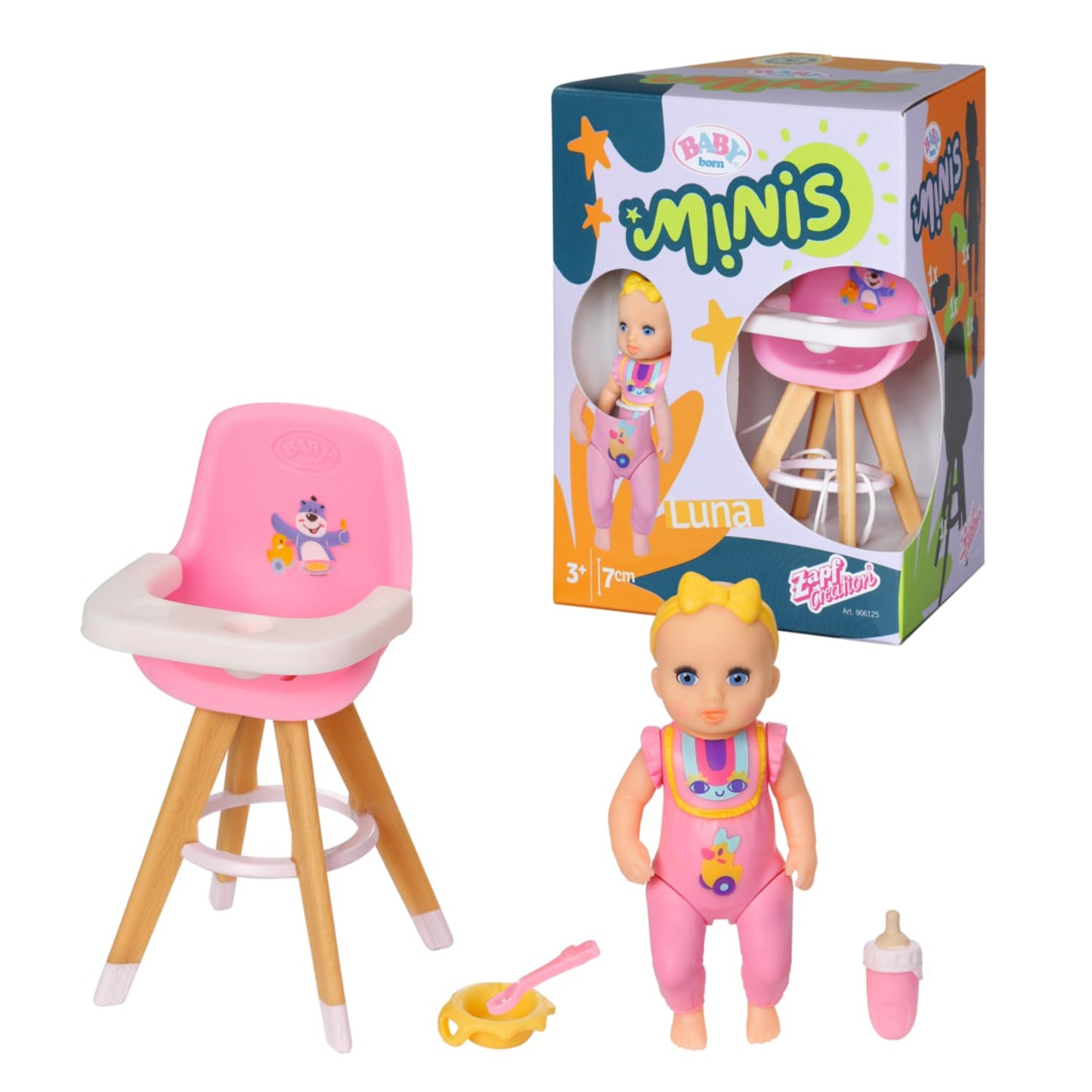 BABY Born, doll vehicle, fold-out caravan & Minis high chair playset with Minis doll Luna, bottle, and plate, 906125 Zapf Creation